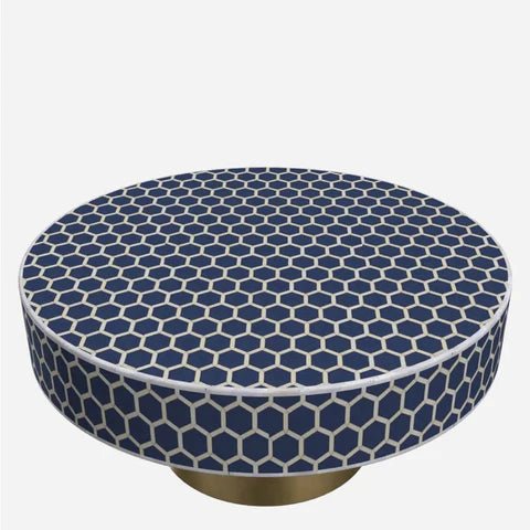 Handmade Navy Blue Bone Inlay Coffee Table with Brass Base - Modern Boho Living Room Furniture for Home Decor & Interior Design