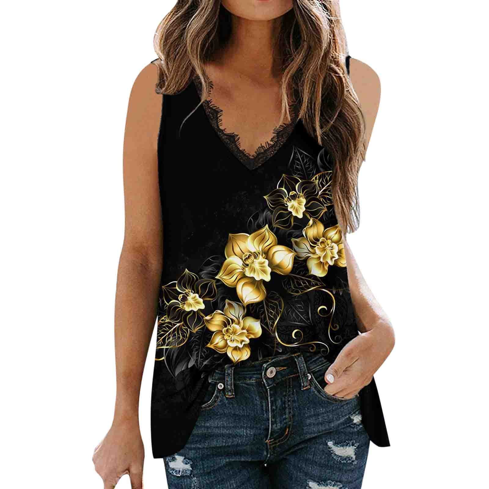 Women's Summer Sleeveless Floral Printed V-Neck Lace Tank Tops - Casual Vest Tops 4-Pack - Breathable & Comfortable for Beach, Vacation, and Everyday Wear