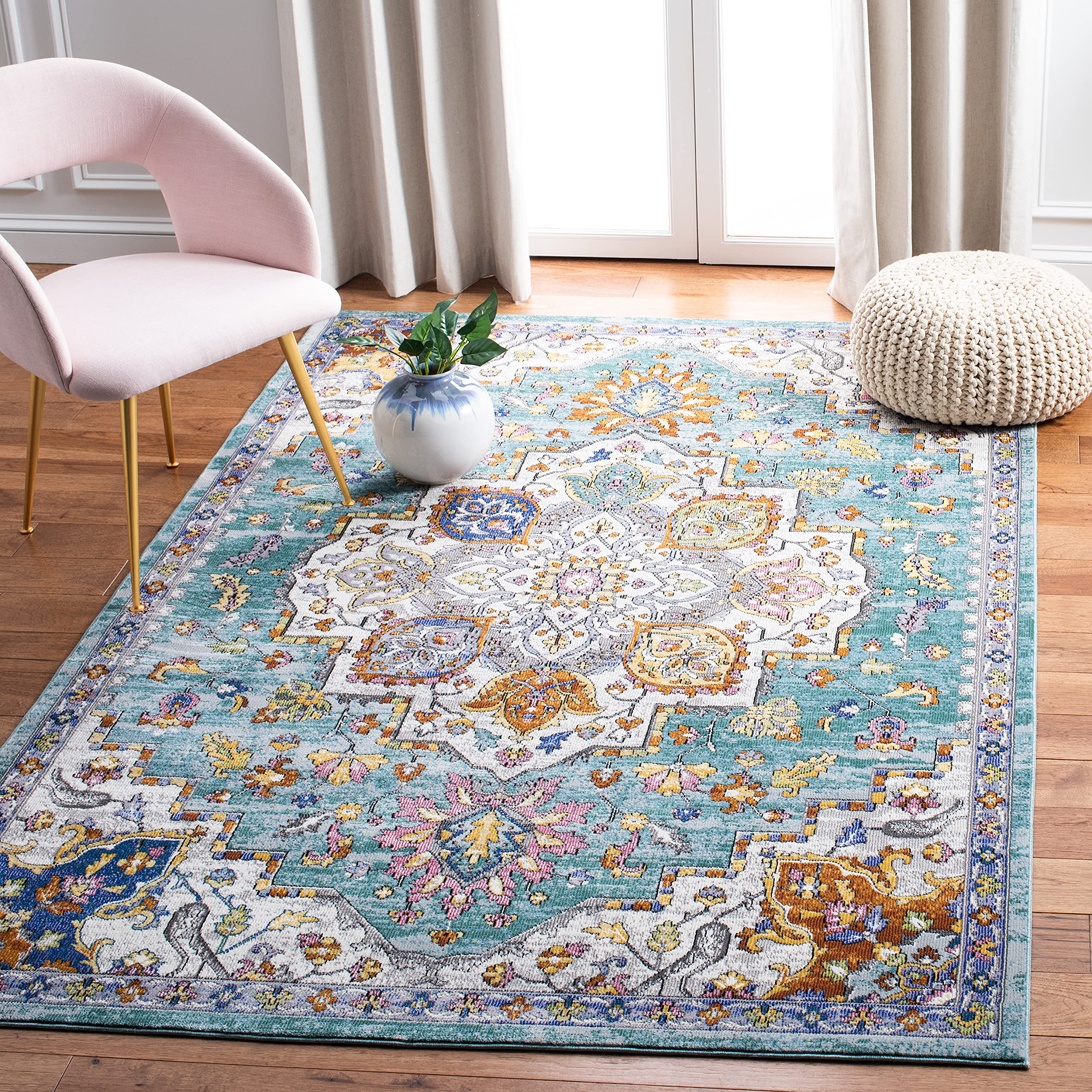 SAFAVIEH Aria Collection 9' x 12' Area Rug - Turquoise & Ivory Bohemian Chic Medallion Distressed Design, Non-Shedding & Easy Care, Perfect for High Traffic Living Room, Bedroom, Dining Room & Office (ARA102K)