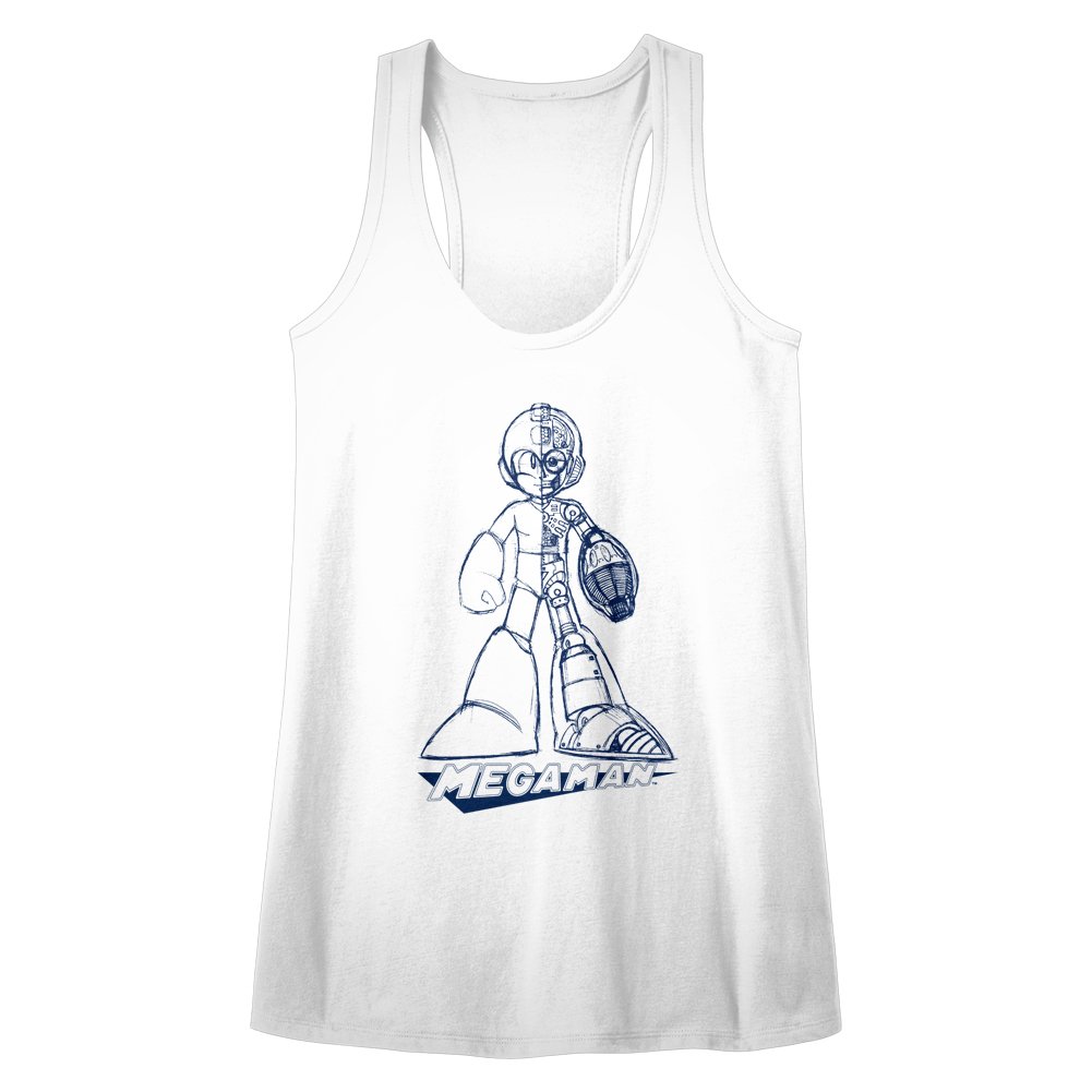 Mega Man Video Game Art - Blueprint Robot Sketch Legends Graphic Women's Tank Top | Retro Gaming Tee for Fans, Cosplay & Casual Wear