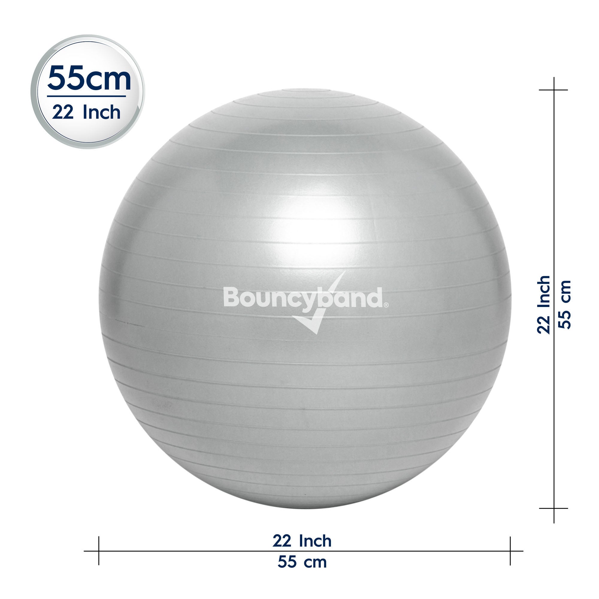 Bouncyband 55cm Balance Ball - Dynamic Silver Stability Ball for Active Sitting, Office & Home Workout, Yoga & Fitness - Improves Posture & Core Strength