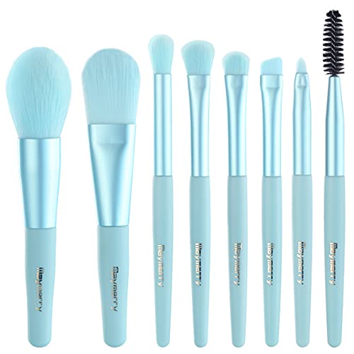 Maymerry 8-Piece Essential Makeup Brush Set - Professional Foundation, Blush, Eyeshadow, Eyelash, Lip & Brow Brushes for Flawless Blending | Portable Mini Makeup Kit for Travel & Everyday Use (Light Blue)