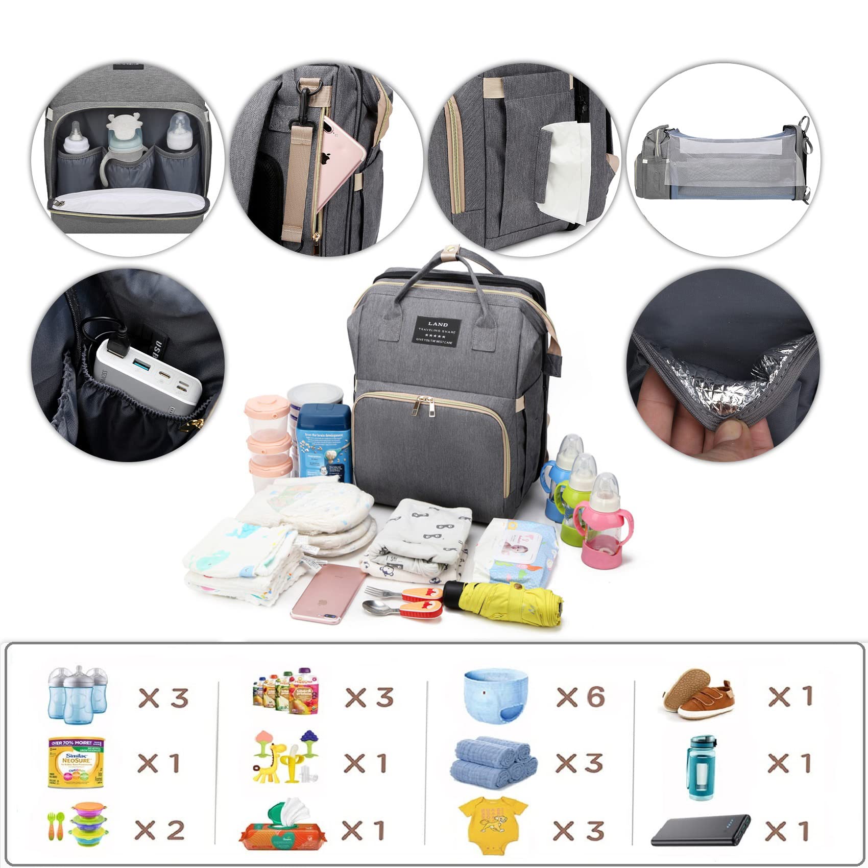 Baby Diaper Backpack with Changing Station - Large Capacity 900D Oxford Diaper Bag for Moms (Grey) | Perfect for Travel, Daycare & On-the-Go Parenting
