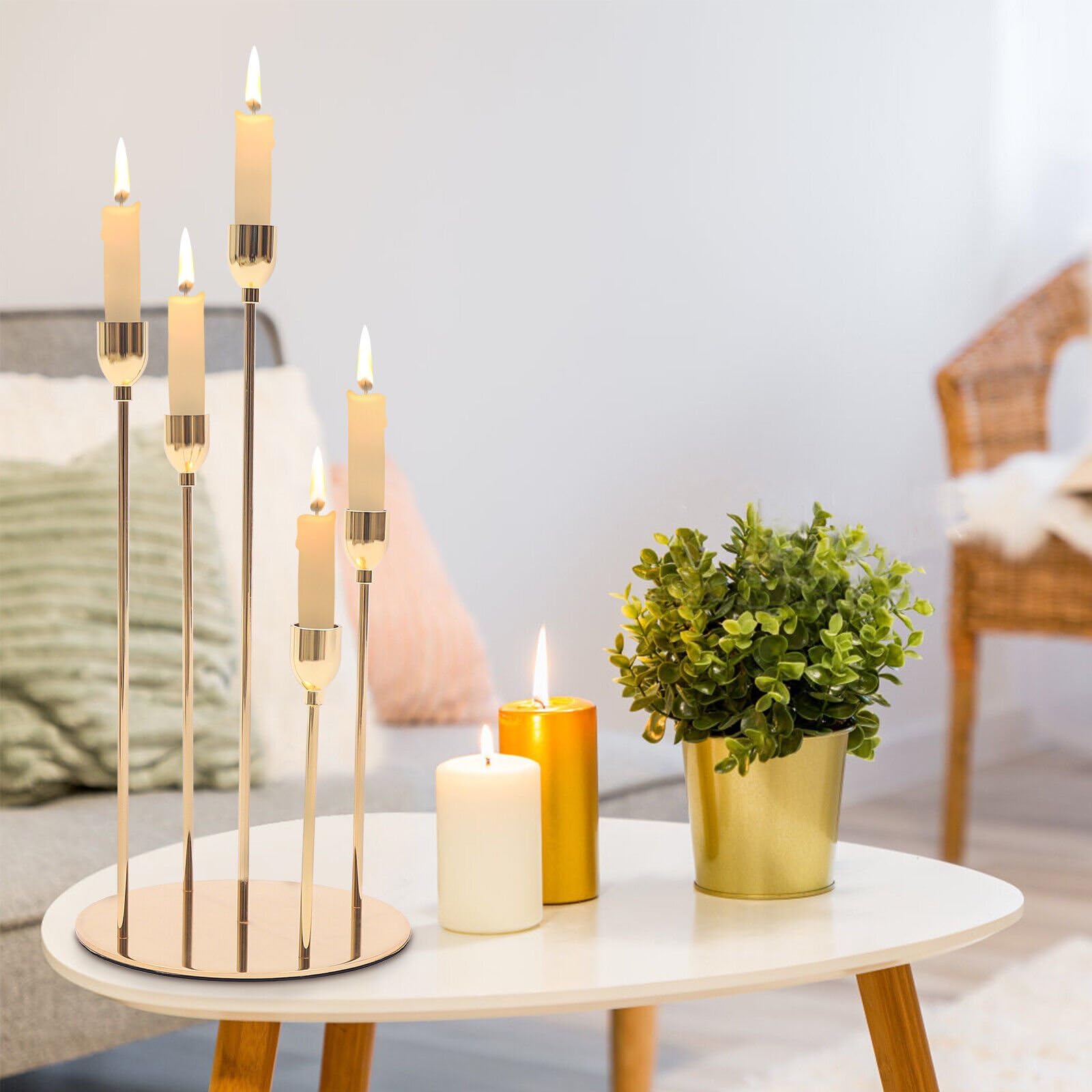 VINCIGANT 8-Piece Gold Taper Candle Holder Set - Elegant 5-Arm Metal Candelabra for Halloween, Weddings & Parties - Fits 0.78