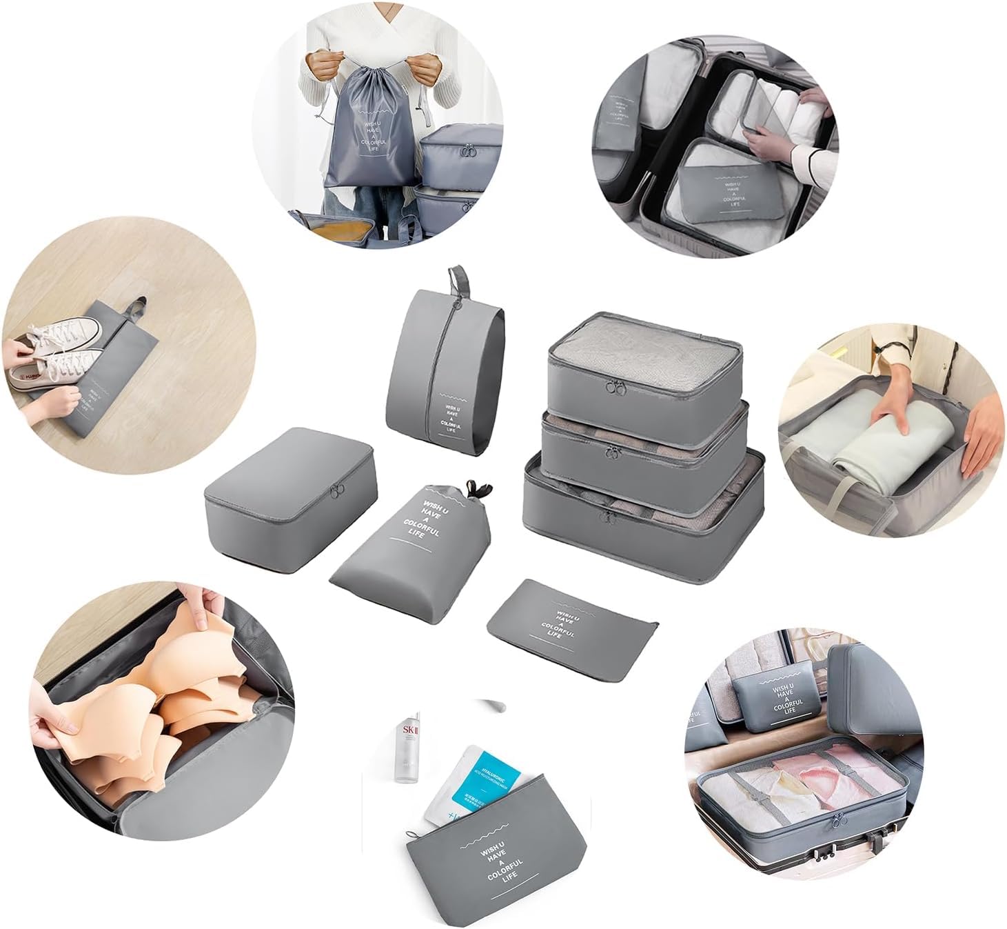 7-Piece Packing Cubes Set for Suitcases - Lightweight Travel Luggage Organizers with Compression Shoe Bag & Clothing Storage | Perfect for Men & Women Travel Accessories | Grey | Ideal for Business Trips, Vacations & Backpacking