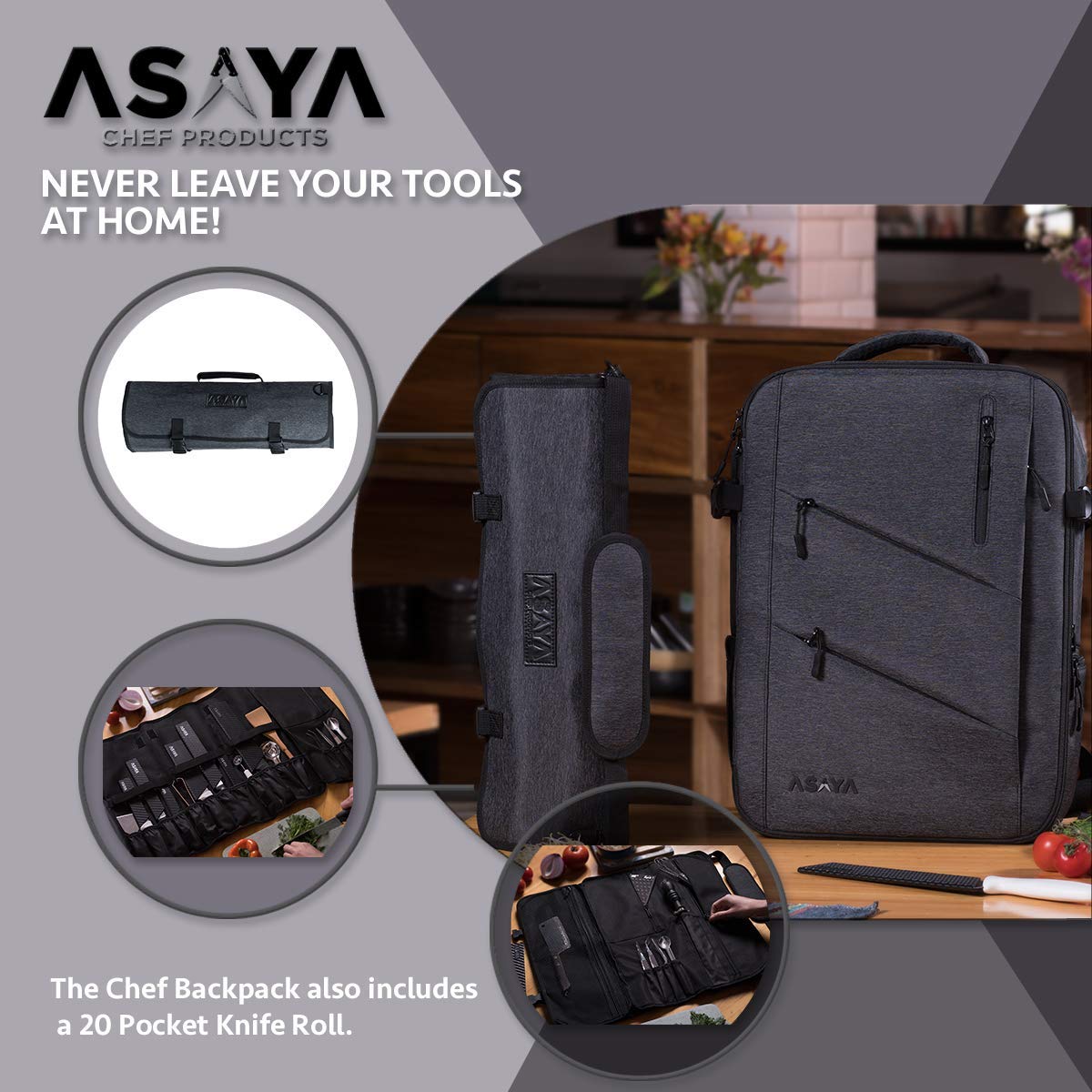 Asaya Professional Chef Knife Backpack with 20-Pocket Knife Roll Bag - Large Capacity Storage for Kitchen Knives & Utensils (30+ Pockets) - Water-Resistant Waxed Nylon with Padded Protection - Perfect for Chefs, Culinary Students & Cooking Enthusiasts (Knives Not Included) - Ideal for Restaurant Work, Culinary School & Outdoor Catering