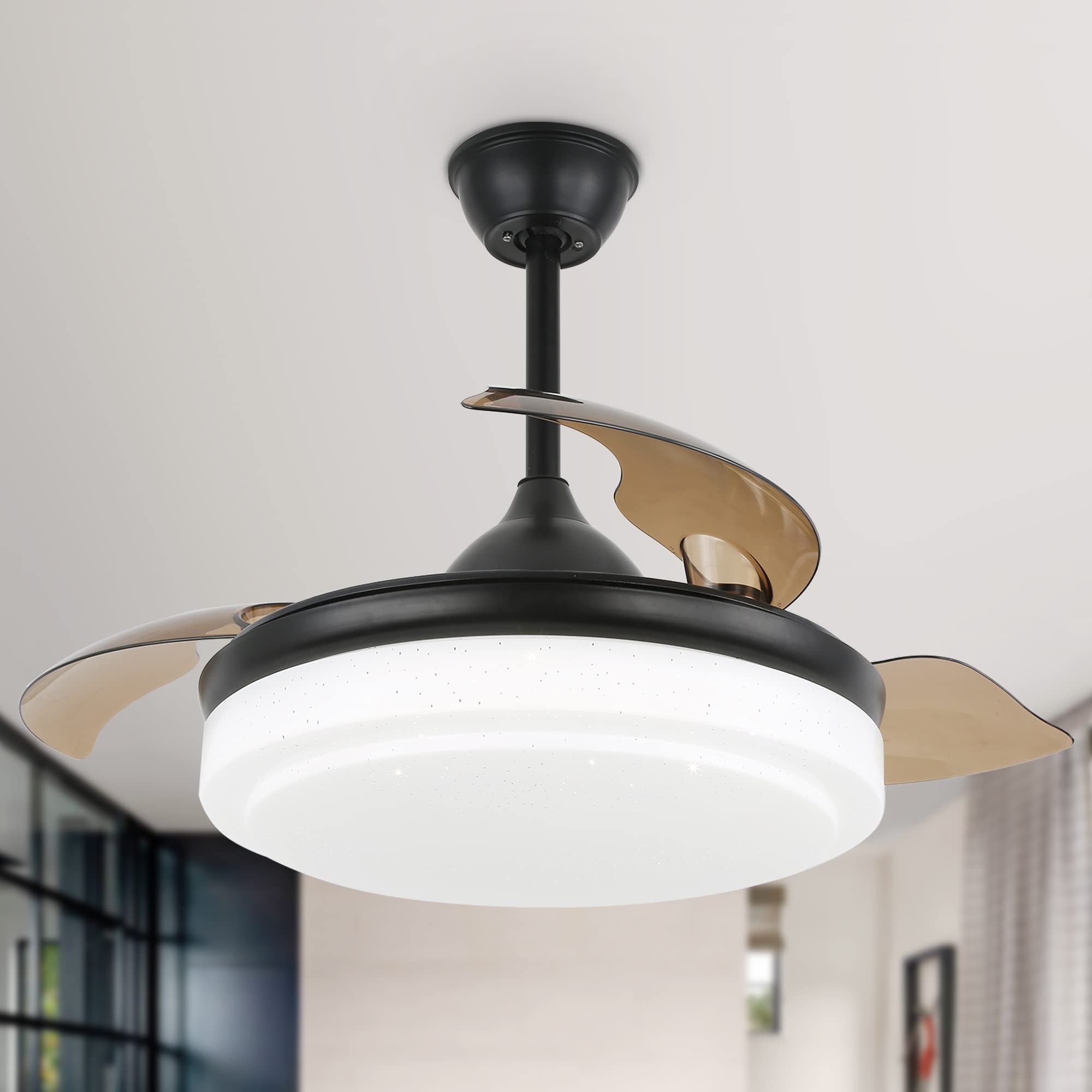 42 Inch Retractable Ceiling Fan with Reversible DC Motor - 6 Speed Settings, 3 Light Colors & Timer - Hidden Blades & Natural Wind Mode - Perfect for Bedroom, Living Room and Office Spaces