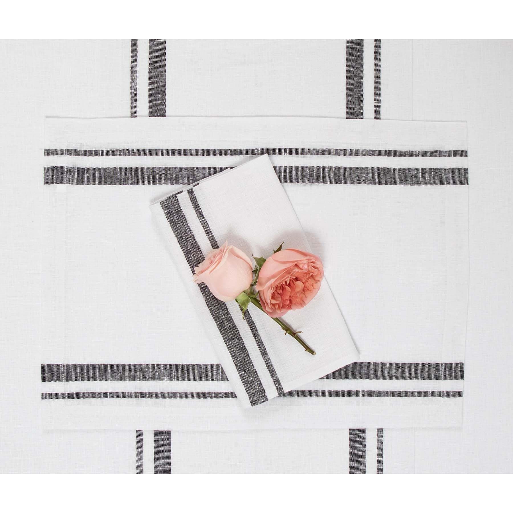 Solino Home French Stripe Linen Placemats Set of 4 - 14x19 Inch 100% Pure Black & White Washable Table Mats - Elegant Dining Decor for Spring, Easter, Mother's Day & Everyday Use