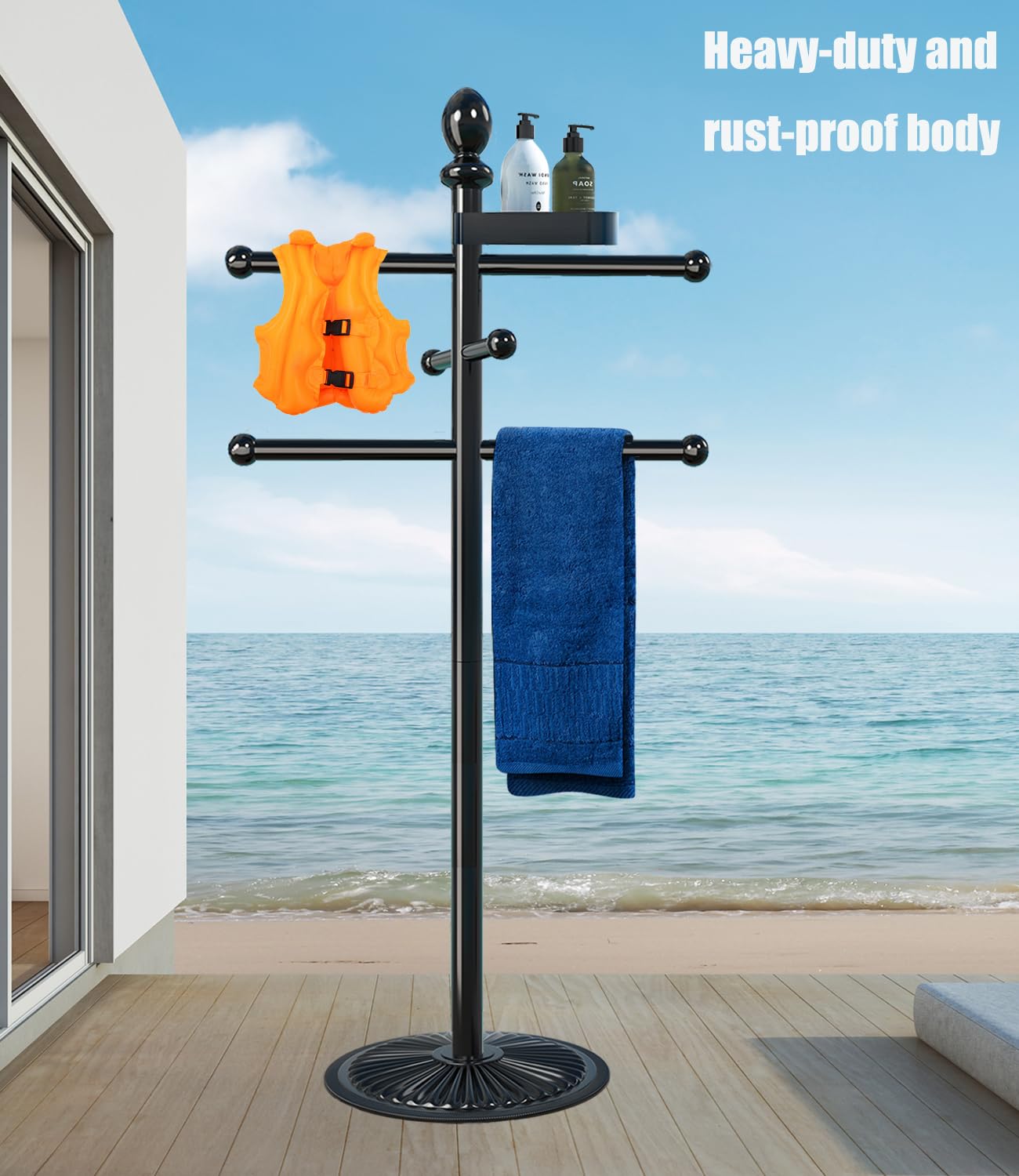 Heavy Duty Metal Pool Towel Rack with 6 Bars - Rustproof Outdoor Towel Stand for Swimming Pool, Hot Tub & Spa Accessories - Perfect for Drying Towels by Poolside, Backyard or Patio