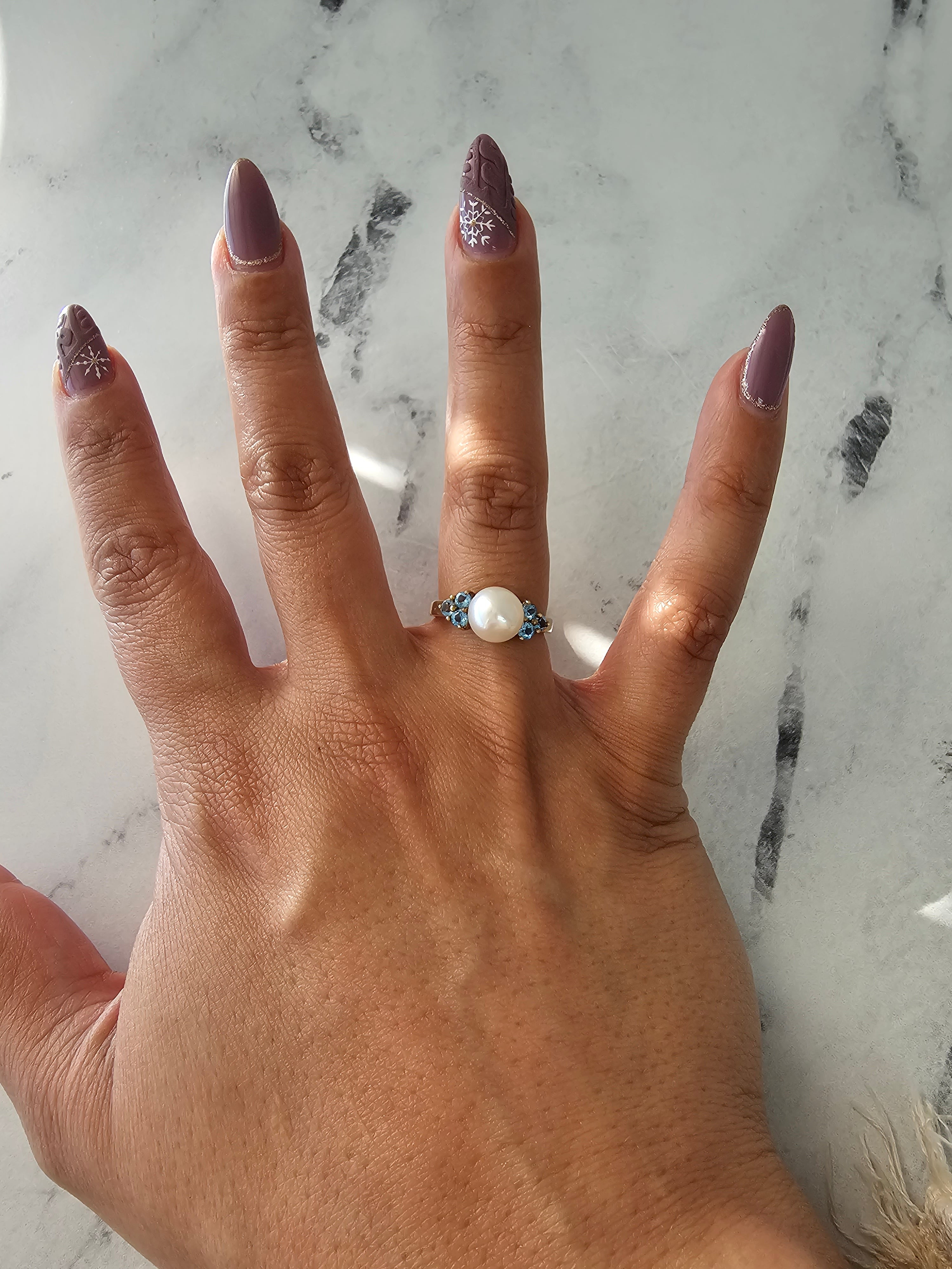14k Yellow Gold Pearl Ring with Blue Topaz Accents - Elegant Jewelry for Weddings, Anniversaries & Special Occasions