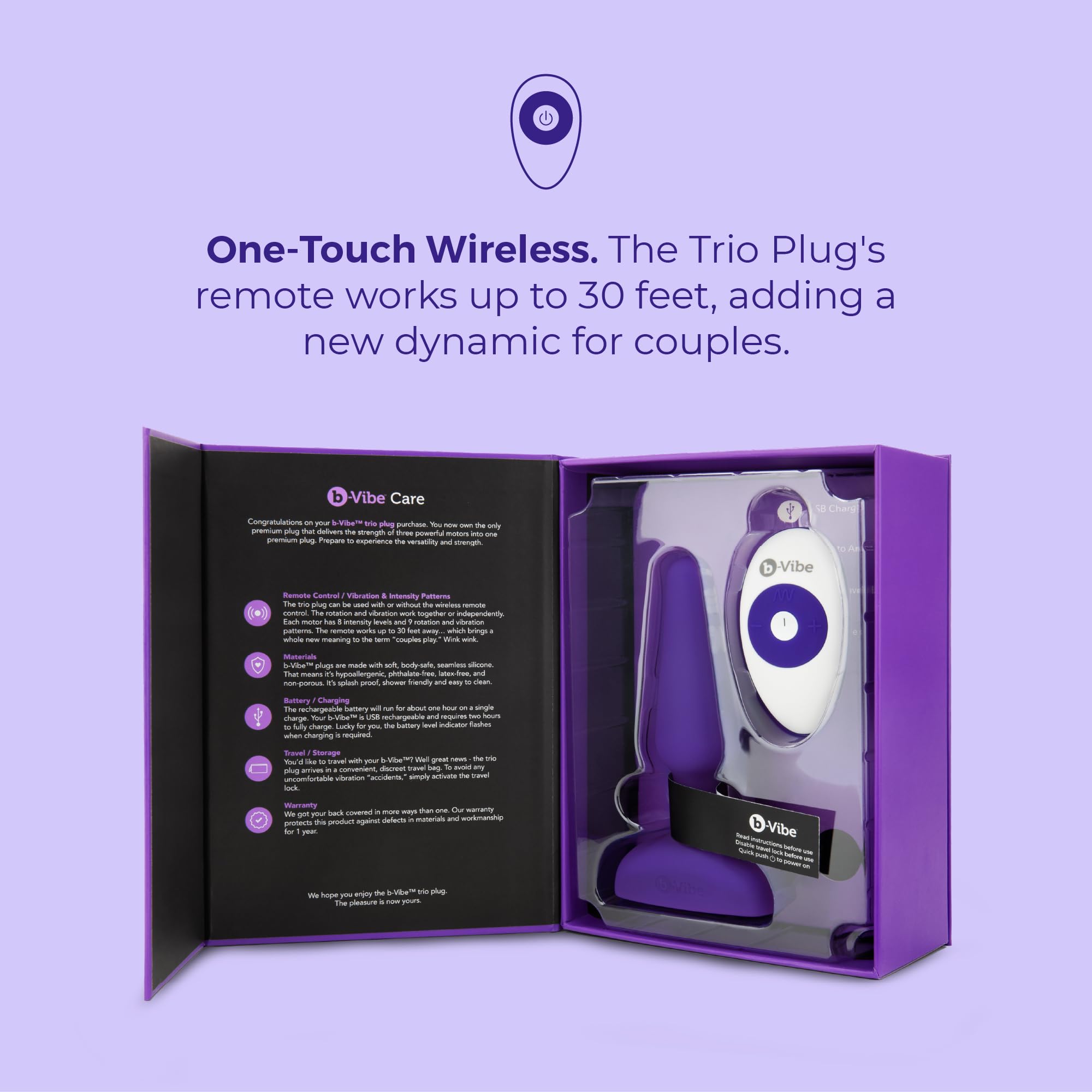 b-Vibe Trio Vibrating Anal Plug 2 - Remote Control Silicone Butt Plug for Men & Women - Purple Adult Sex Toy for Couples Play & Solo Pleasure