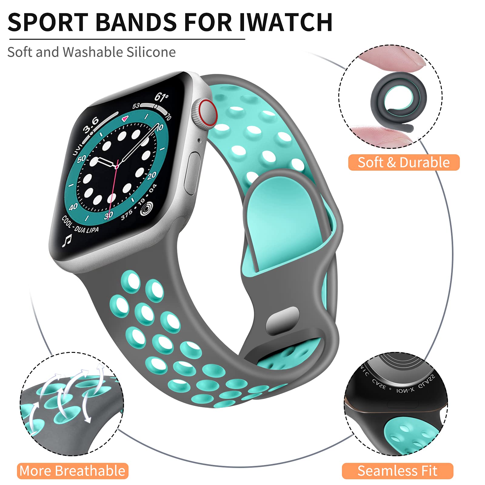 Lerobo Soft Silicone Sport Band Compatible with Apple Watch 40mm 38mm 42mm 41mm - for Series 10/9/8/7/6/5/4/3/2/1/SE - Breathable Air Hole Design for Women & Men (Gray/Teal, S/M) - Perfect for Running, Gym Workouts & Daily Wear
