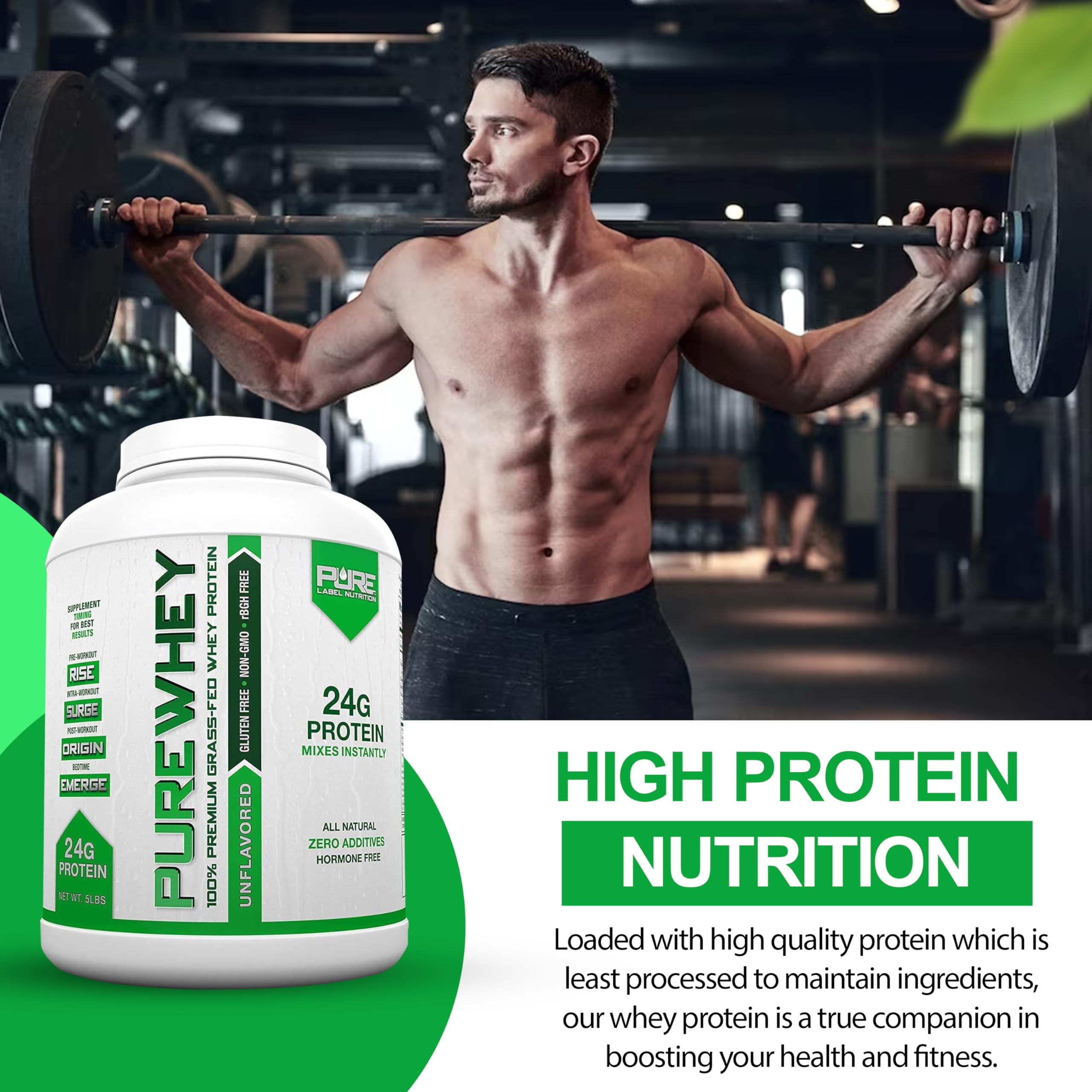 100% Grass-Fed Whey Protein Powder Concentrate - Unflavored, 24g Protein per Serving with Essential Amino Acids | Low Fat & Low Carb for Muscle Building & Workout Recovery | Pre & Post Workout Supplement | Ideal for Gym, Fitness & Bodybuilding - 5lbs Bag