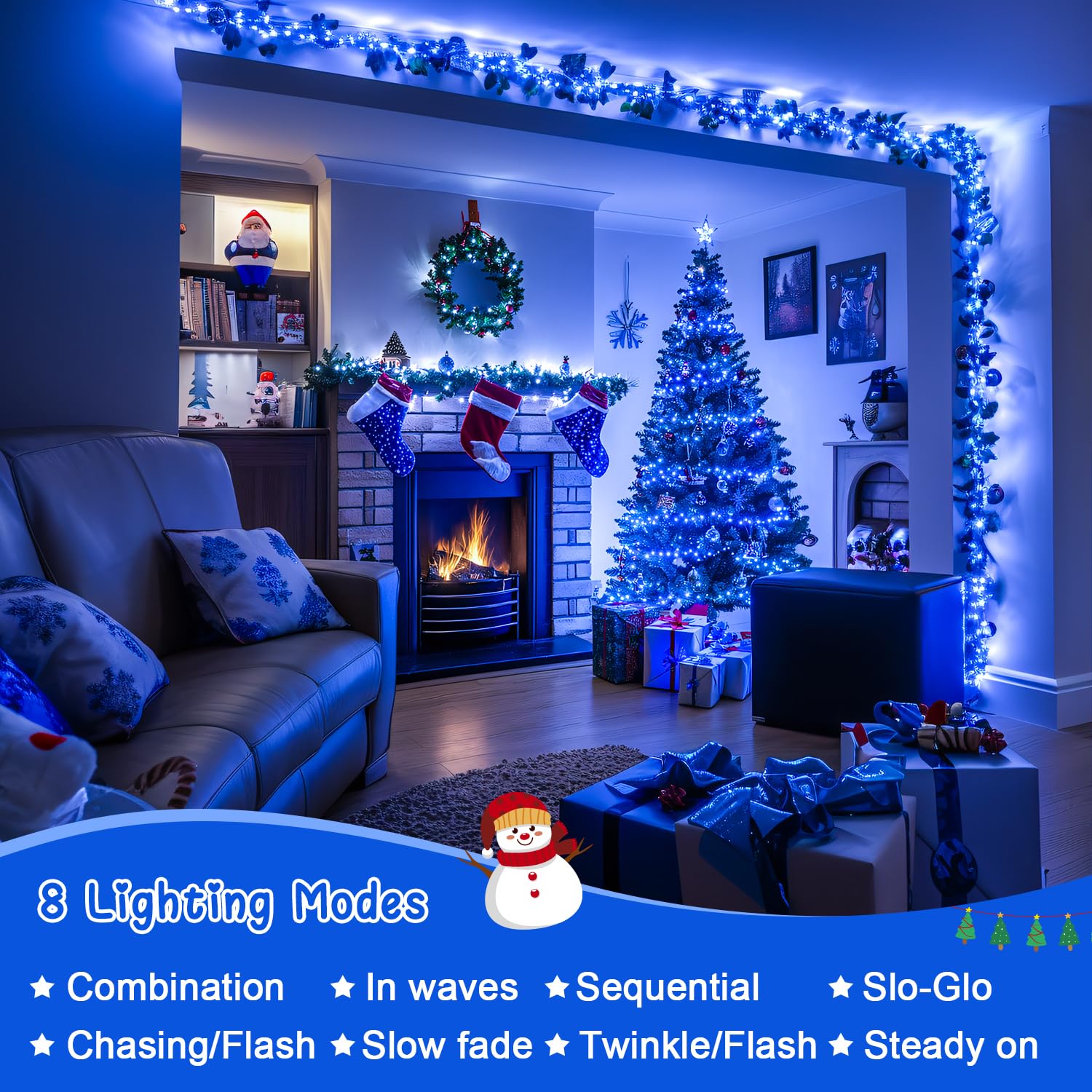 JMEXSUSS 2 Pack 100 LED Blue Christmas Lights - 33ft Connectable Waterproof Outdoor String Lights with 8 Lighting Modes | Perfect for Christmas Tree Decor, Indoor Holiday Party, Halloween, Wedding & Garden Decoration