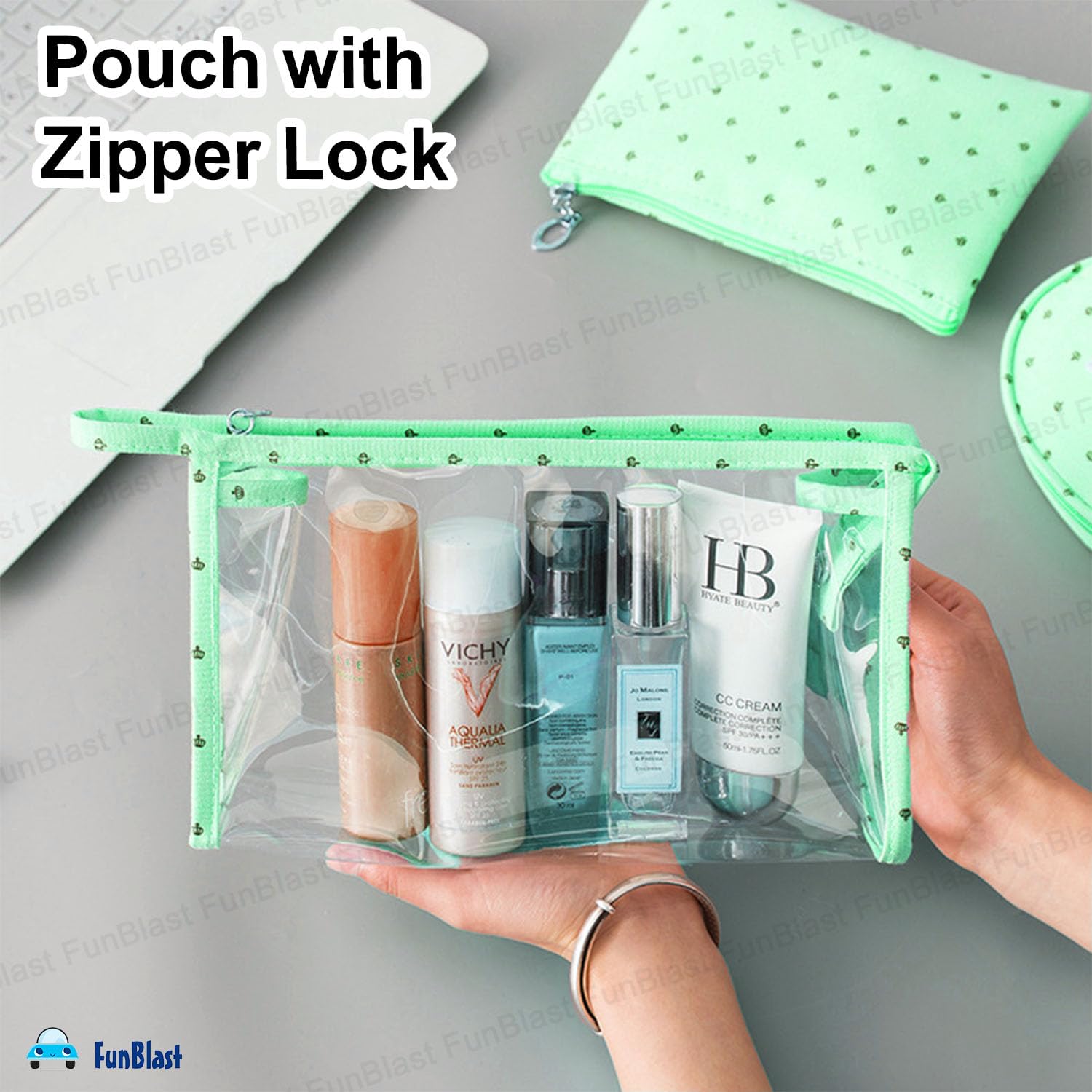 FunBlast 3-Pack Waterproof Cosmetic Makeup Bags for Women - Zippered Travel Toiletry Organizer, Portable Vanity Pouch for Makeup Brushes, Jewelry & Essentials - Perfect for Travel, Gym, Beach & Daily Use (Green)