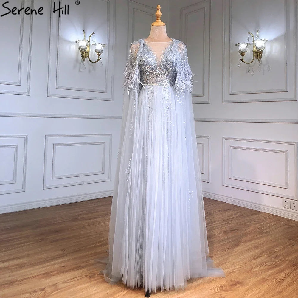 Luxury Dubai Grey Evening Formal Dress with Feather Cape Shawl - Gold Arabic Women's Wedding Party Gown LA70640 | Elegant Long Gown for Special Occasions, Galas & Red Carpet Events