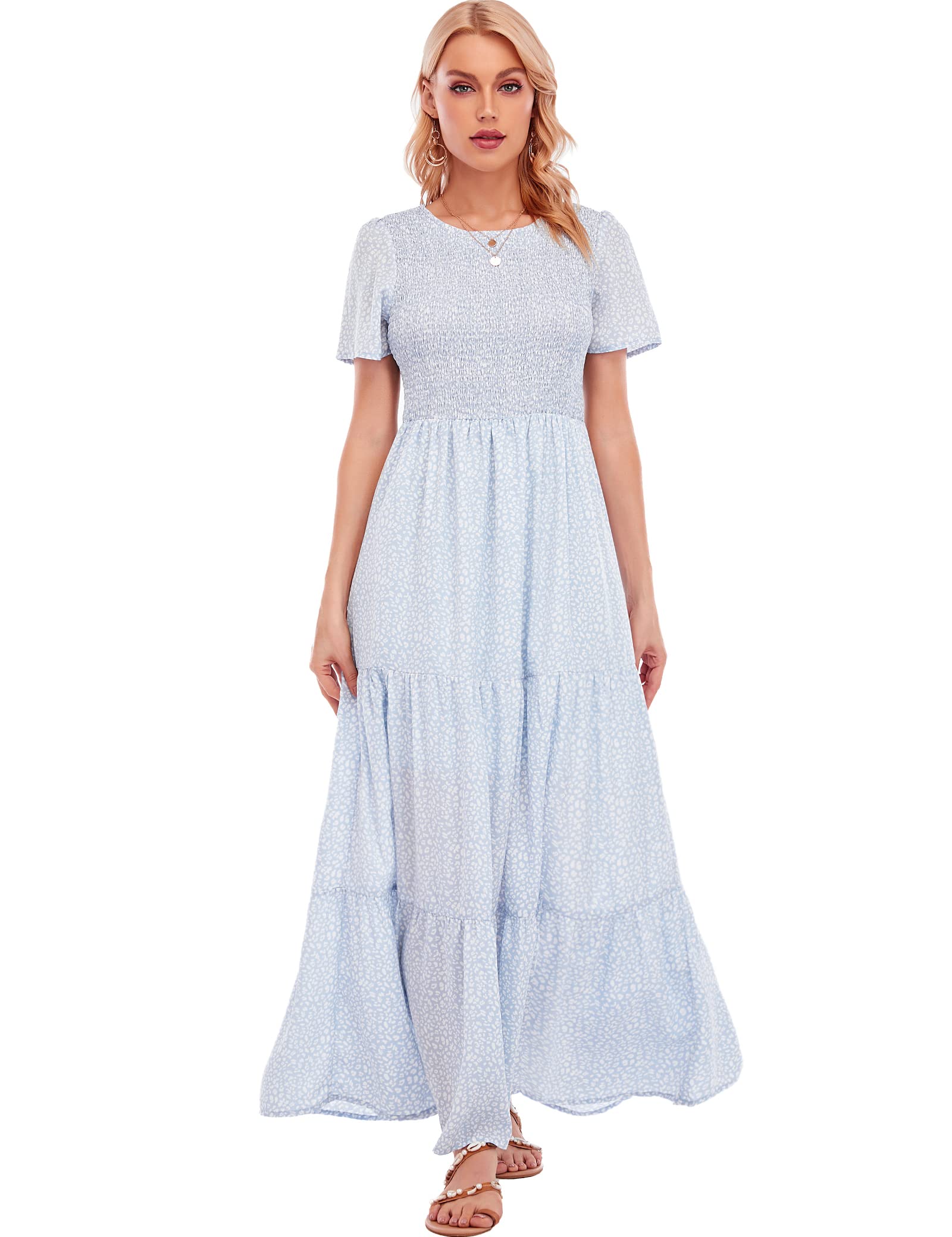 MANAIXUAN Women's Floral Maxi Dress - Summer Casual Short Sleeve A-Line Tiered Sun Dress for Beach, Party & Vacation | Plus Size Options Available