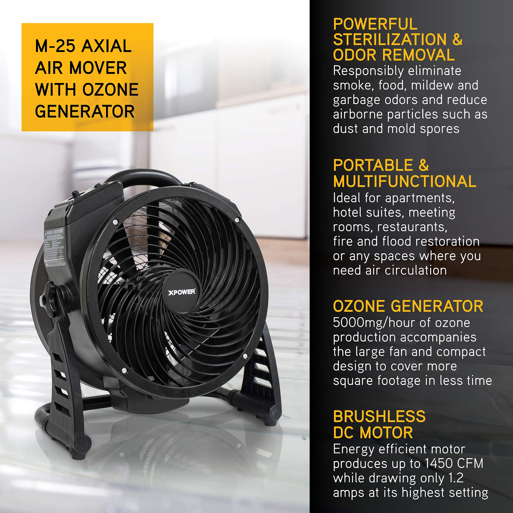 XPOWER M-25 Commercial Ozone Generator Fan - High Capacity Air Mover with Ozone Sanitization for Large Areas - Odor Removal & Air Purification for Warehouses, Gyms, and Restaurants