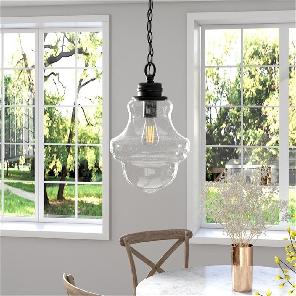 Henn&Hart 9 Inch Blackened Bronze Metal and Glass Pendant Light Fixture - Perfect for Dining Room, Kitchen Island, or Entryway Lighting