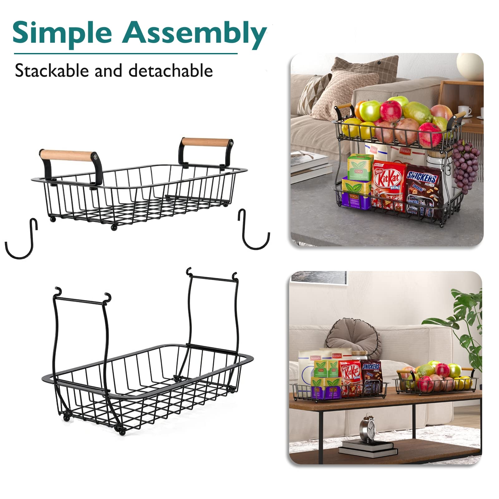 2-Tier Countertop Fruit Basket Bowl Storage with Two Banana Hangers and Wooden Handles - Black | Space-Saving Kitchen Organizer for Fruits, Vegetables & Snacks | Perfect for Countertop, Pantry or Dining Table Display