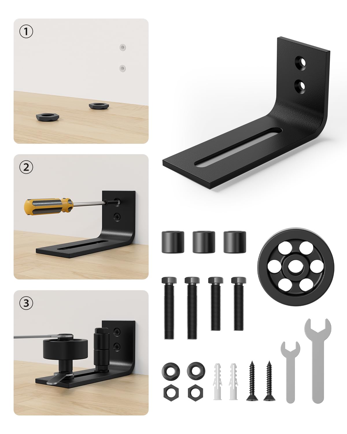 WINSOON Adjustable Sliding Barn Door Floor Guide - Wall Mount Hardware Kit with Smooth Rollers for Closet & Pocket Doors (Set of 2, 8 Setup Options, Black) - Perfect for Bedroom, Closet, and Barn Door Installation