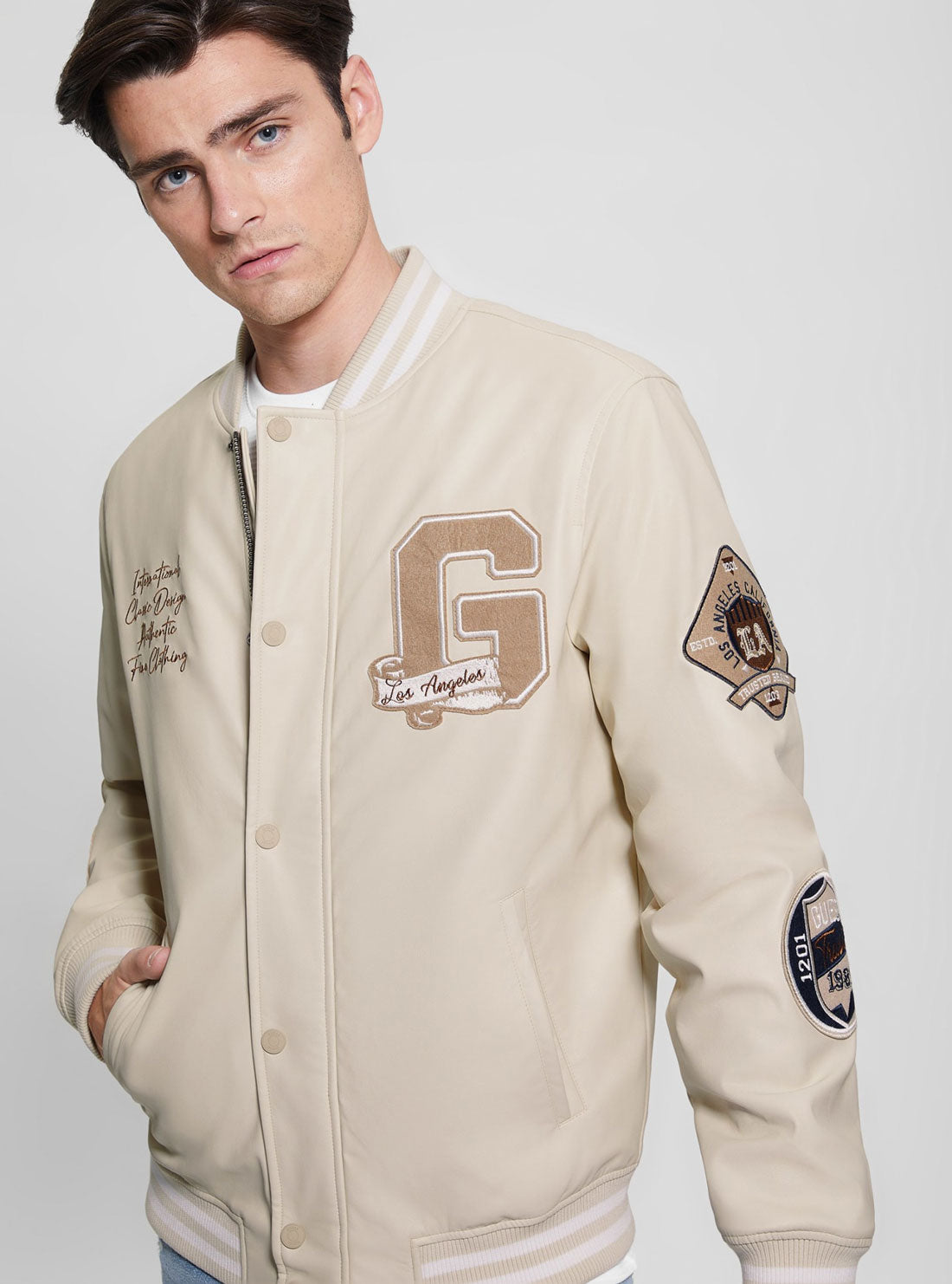 Beige Varsity Bomber Jacket for Men - Retro Baseball Letterman Jacket with Ribbed Cuffs - Casual Outerwear for College, Streetwear & Fall Fashion