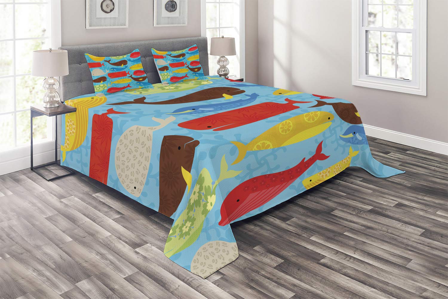 Ambesonne Whale Quilt Set - King Size 3-Piece Bedspread with 2 Pillow Shams, Colorful Cartoon Whale Pattern, Soft Decorative Coverlet | Perfect for Kids' Rooms, Coastal Themed Bedrooms & Whale Lovers