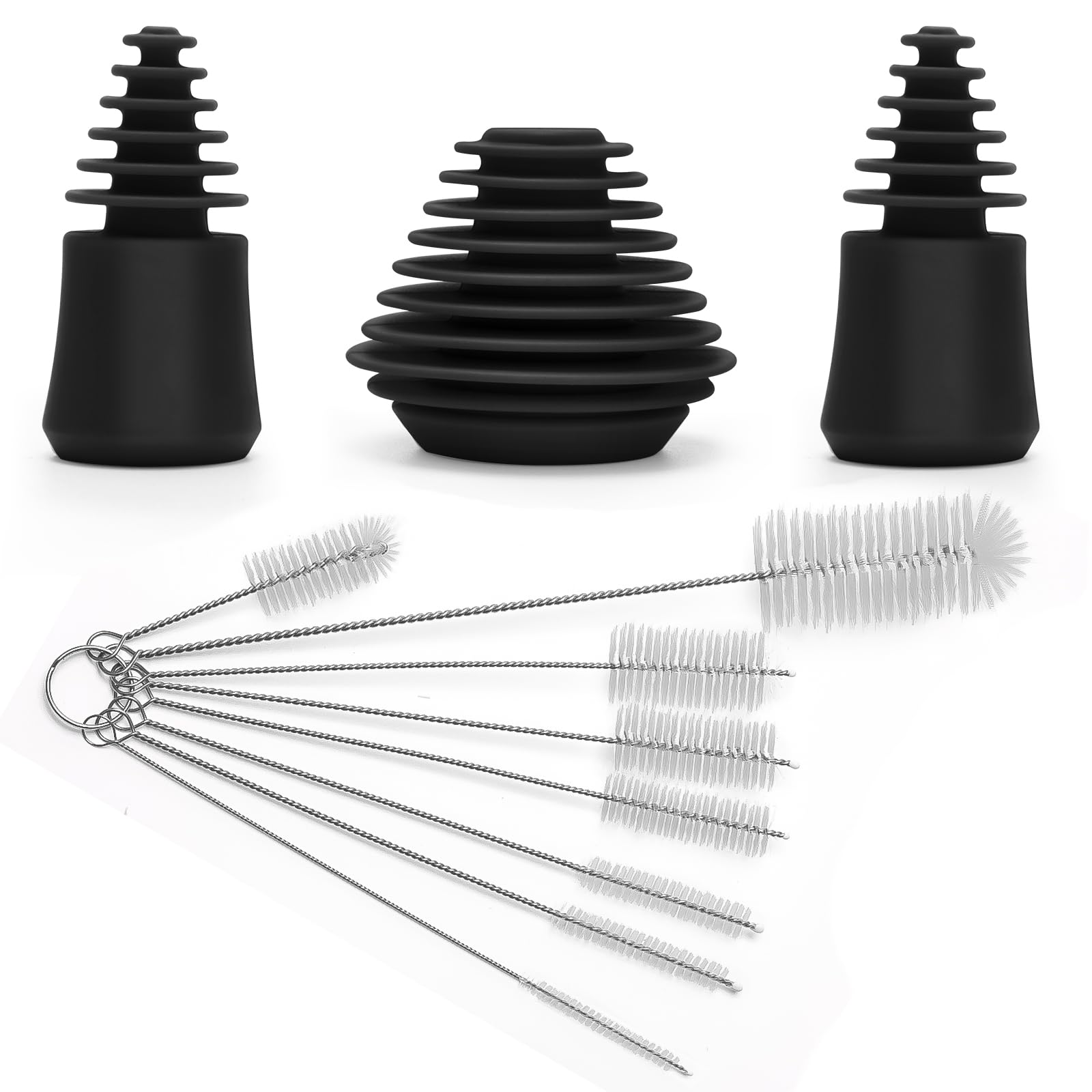 3PCS Silicone Cleaning Plugs with 8PCS Brushes - Glass Pipe Cleaning Kit for Water Pipes & Storage (Black)