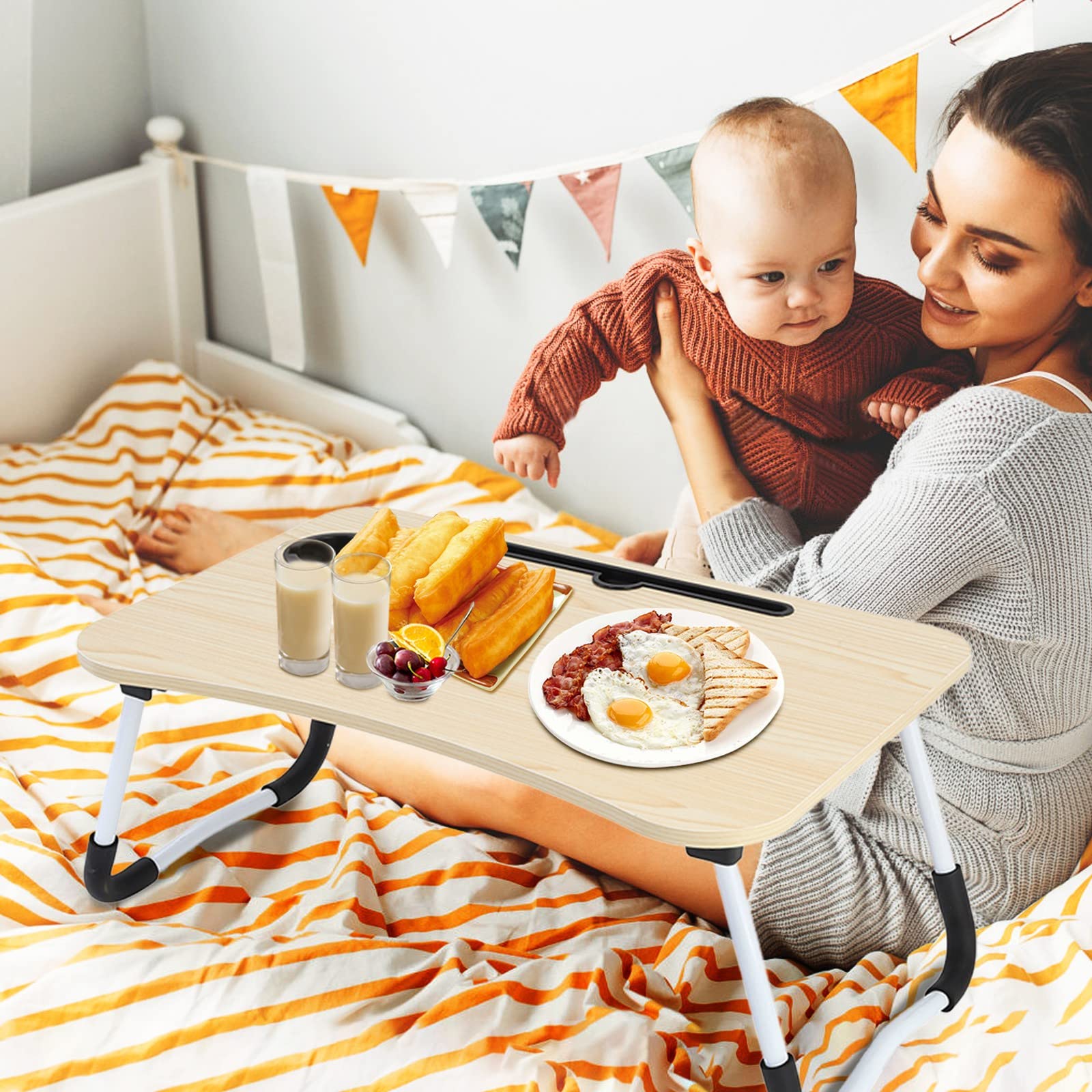 Foldable Portable Swing Desk Laptop Bed Table with Small Drawer - Multifunctional Home Office Computer Desk for Work, Study & Writing | Perfect for Small Spaces, Dorm Rooms & Cozy Workspaces (Khaki, One Size)