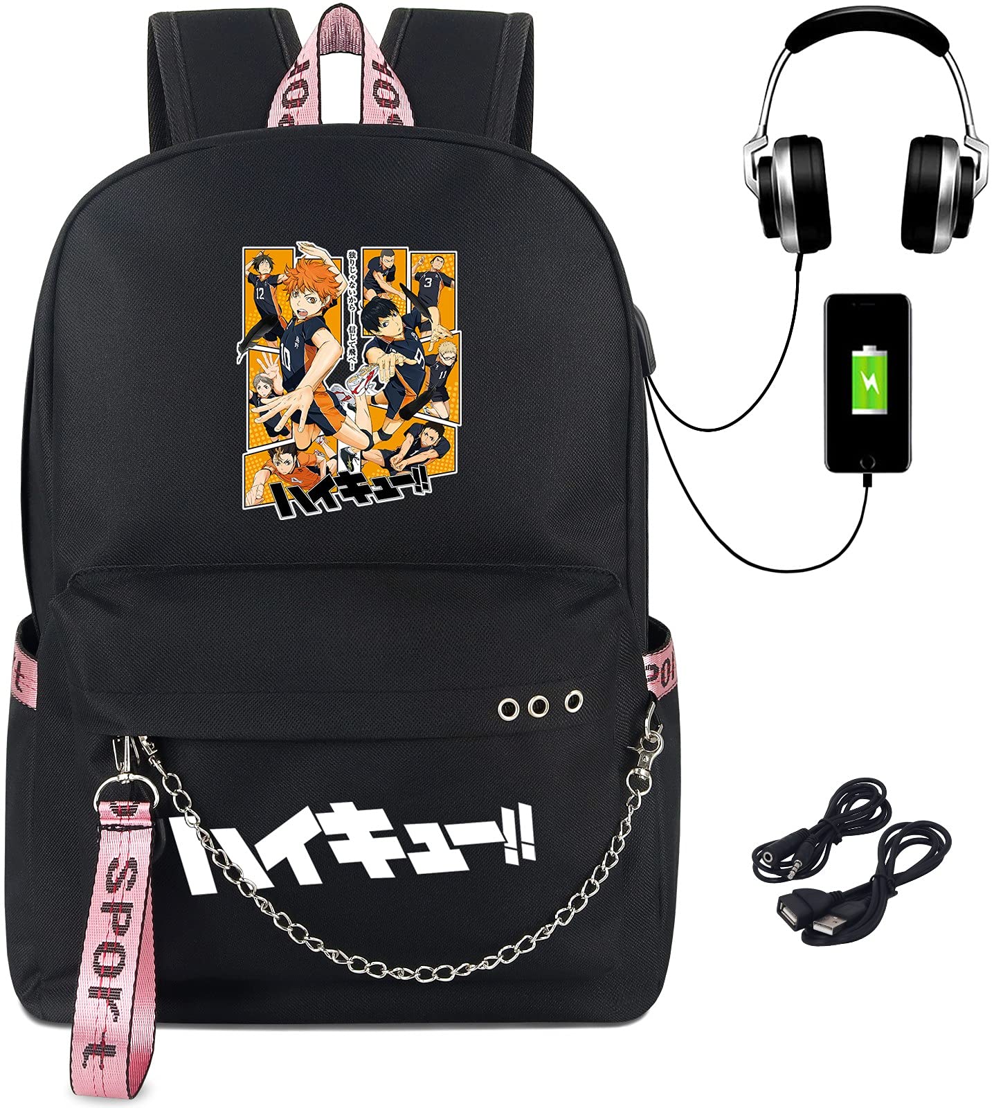 Roffatide Anime Haikyuu 15 Inch Laptop Backpack - Stylish Black Printed School Bag for Boys & Girls with USB Charging Port & Headphone Jack - Perfect for School, Travel & Daily Use