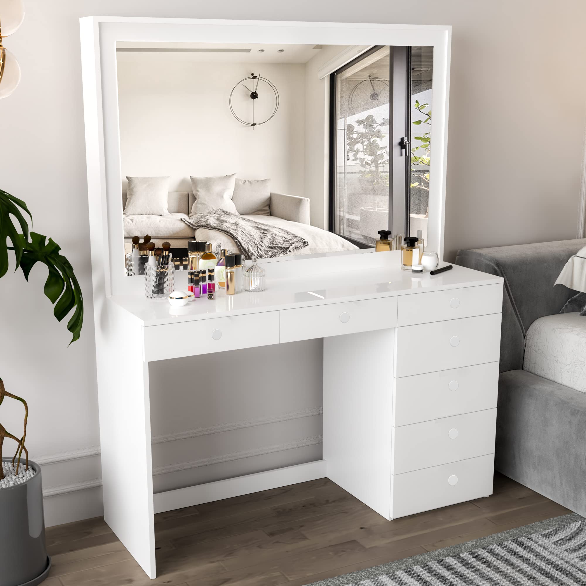 Boahaus Joan Vanity Makeup Desk with 7 Drawers & Hollywood Mirror - White Painted Dressing Table for Bedroom (2023 New Version) | Perfect for Makeup Organization, Beauty Routine & Bedroom Decor