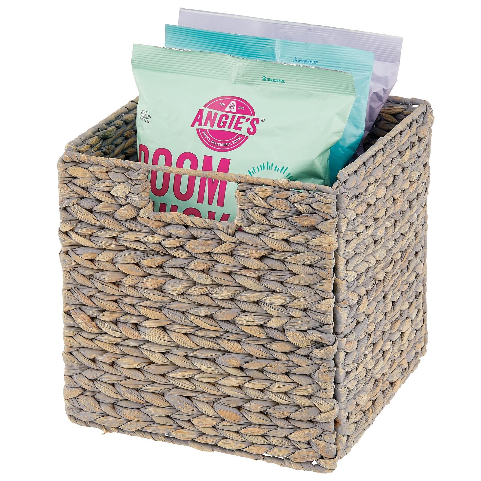 mDesign Natural Woven Hyacinth Storage Basket with Handles - 8 Pack Gray Wash Cube Organizer for Kitchen, Pantry & Cubby Units | Perfect for Snacks, Small Appliances & Home Organization