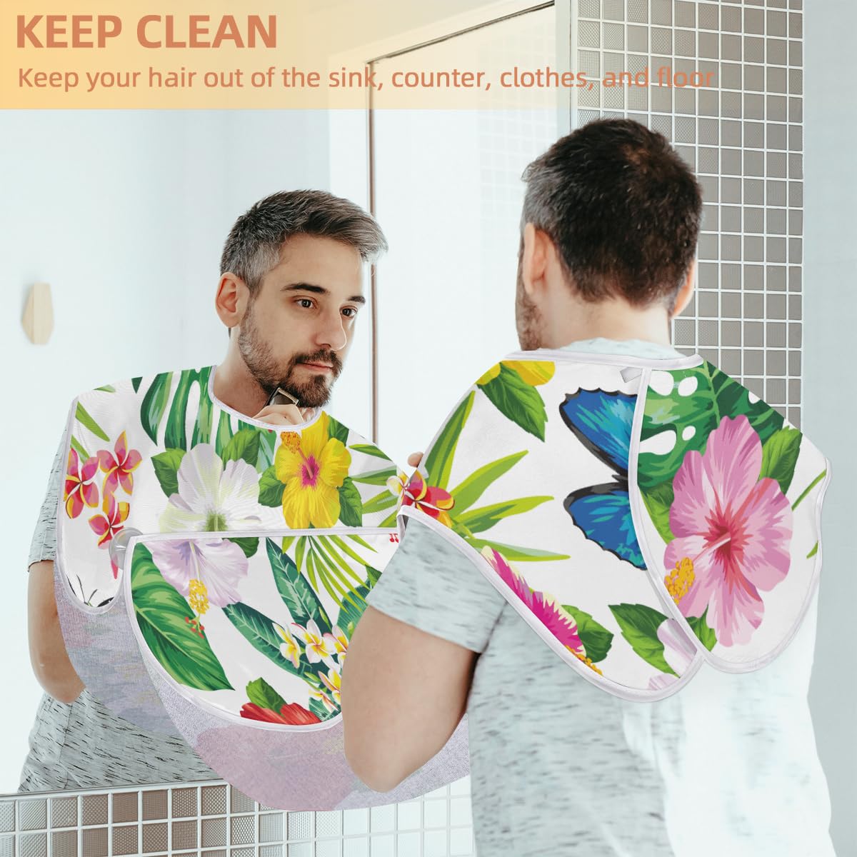 **Non-Slip Beard Bib with Suction Cups - Tropical Floral Hibiscus Butterfly Design for Men - Waterproof Shaving Apron & Grooming Cape - Perfect Gift for Husband, Dad - Ideal for Home Grooming & Barber Shops**