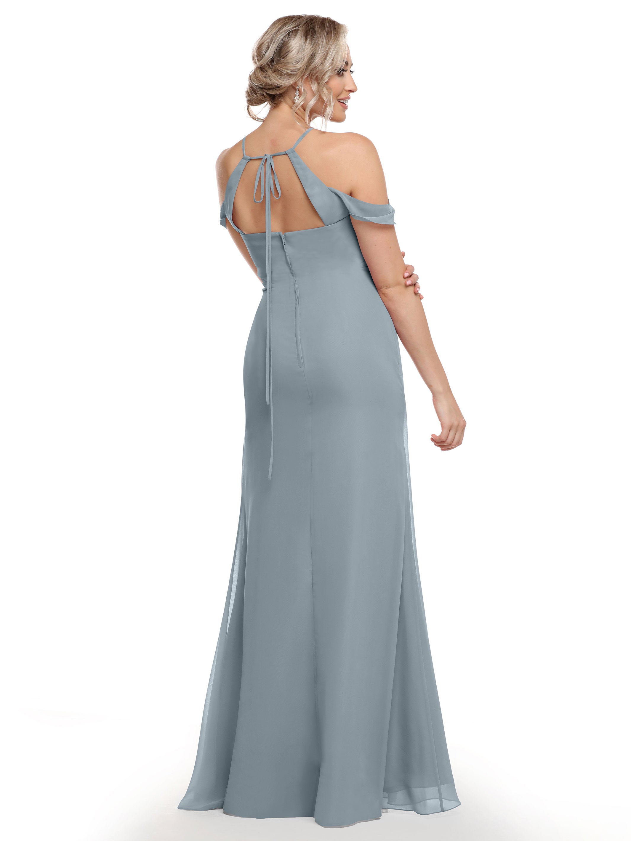 Elegant Off The Shoulder Chiffon Bridesmaid Dress with Halter Neckline - Perfect for Weddings, Formal Events & Special Occasions