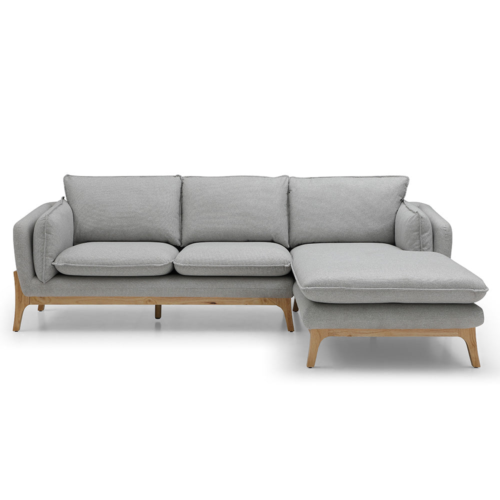 BRONTE 3-Seater Sofa with Right Chaise in Light Grey & Oak - Modern Living Room Furniture for Small Spaces & Apartments