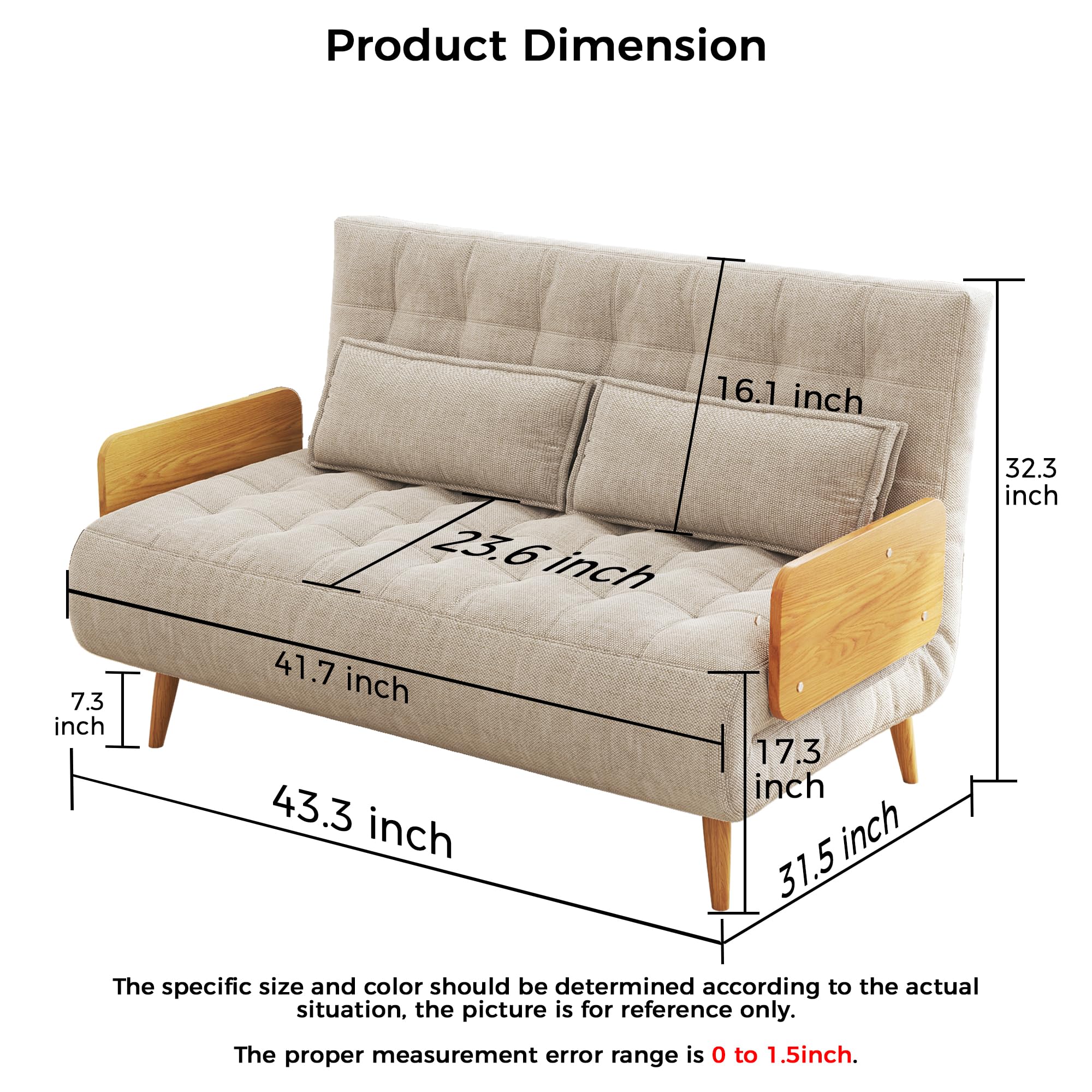 3-in-1 Convertible Sleeper Chair Bed Futon Sofa - Foldable Lazy Sofa with Wood Armrests & Pillows - Linen Chaise Lounge for Small Spaces & Apartments - Mid-Century Modern Design (76.6