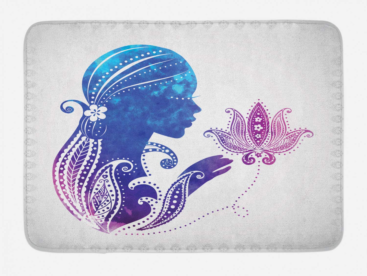 Ambesonne Floral Feminine Bath Mat - Non-Slip Plush Bathroom Rug with Girl Silhouette & Flower Hair Design, 30.2 x 20 Inches, Purple Blue - Perfect for Spa, Master Bath & Guest Room Decor