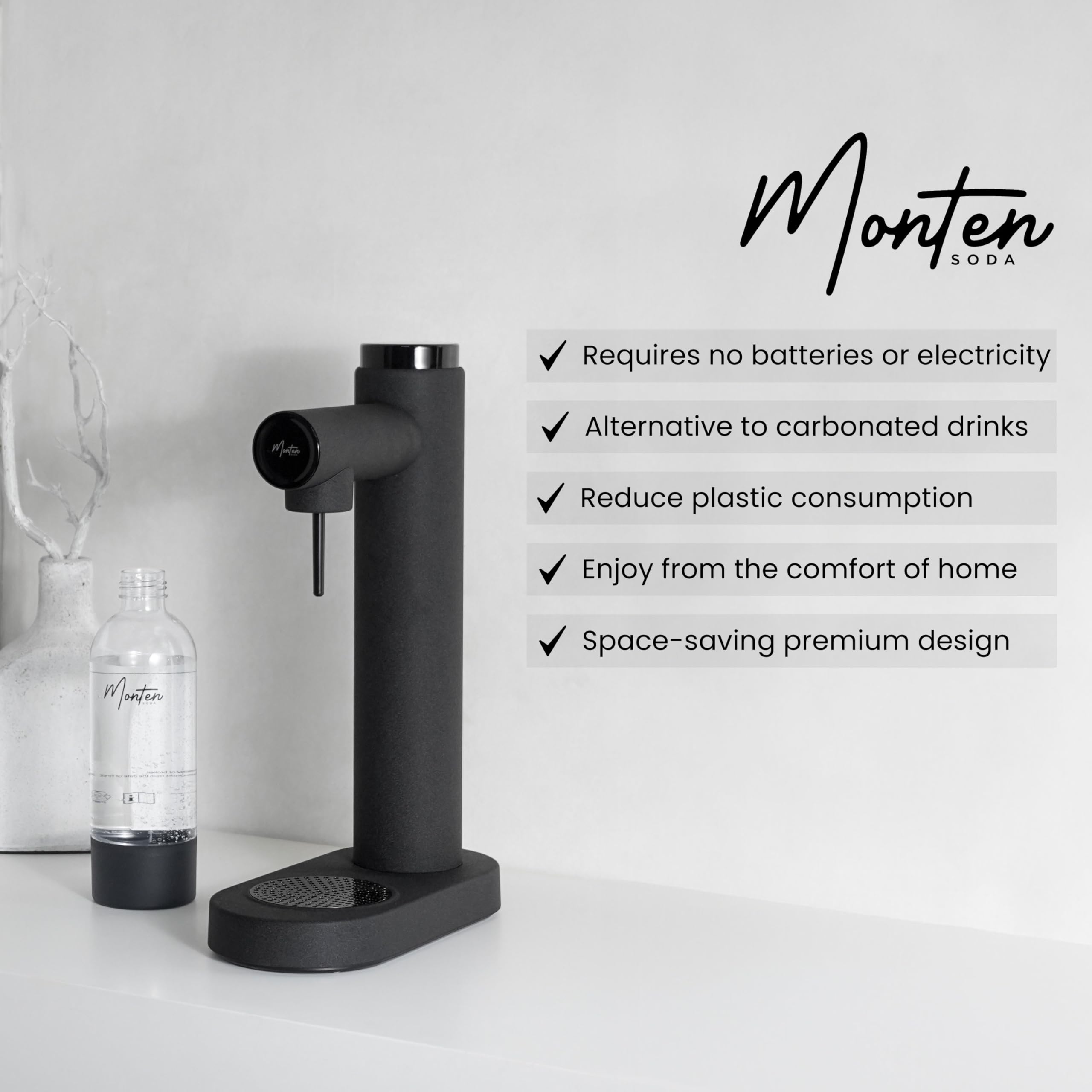 Premium Matte Black Sparkling Water Maker with 3 x 60L CO2 Cylinders & 900ML Reusable PET Bottle - Eco-Friendly Stainless Steel Soda Machine for Home, Office, or Parties - Create Healthy Carbonated Drinks Easily
