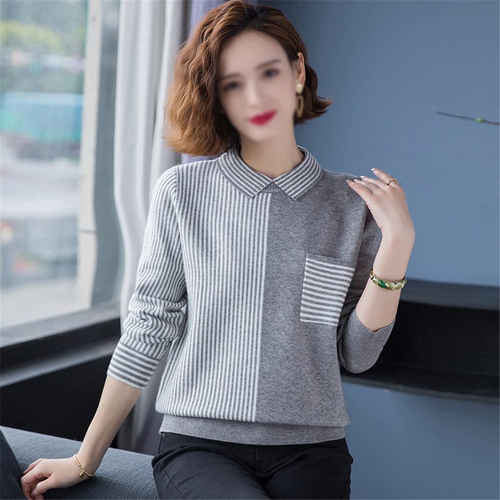 ADKHF Women's Winter Sweater - Turn-Down Collar Long Sleeve Knit Pullover, Warm Casual Striped Jumper for Women (Color: B, Size: XL) - Perfect for Office, Holiday Parties & Cozy Winter Outfits