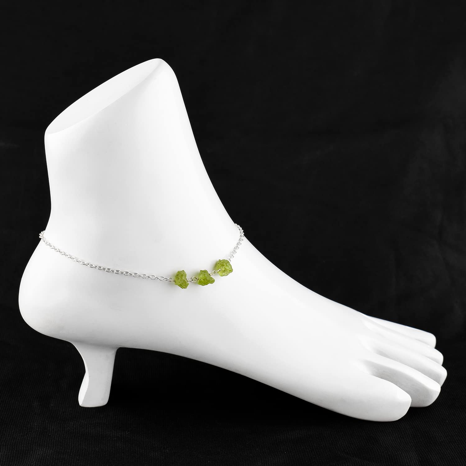 YANARA Raw Green Peridot Gemstone Dainty Anklet - 9+1.5 Inch Adjustable Ankle Bracelet for Women, Natural Rough Crystal Healing Jewelry, Silver Plated Boho Chic Anklet | Perfect for Yoga, Meditation, Energy Healing & Everyday Boho Fashion