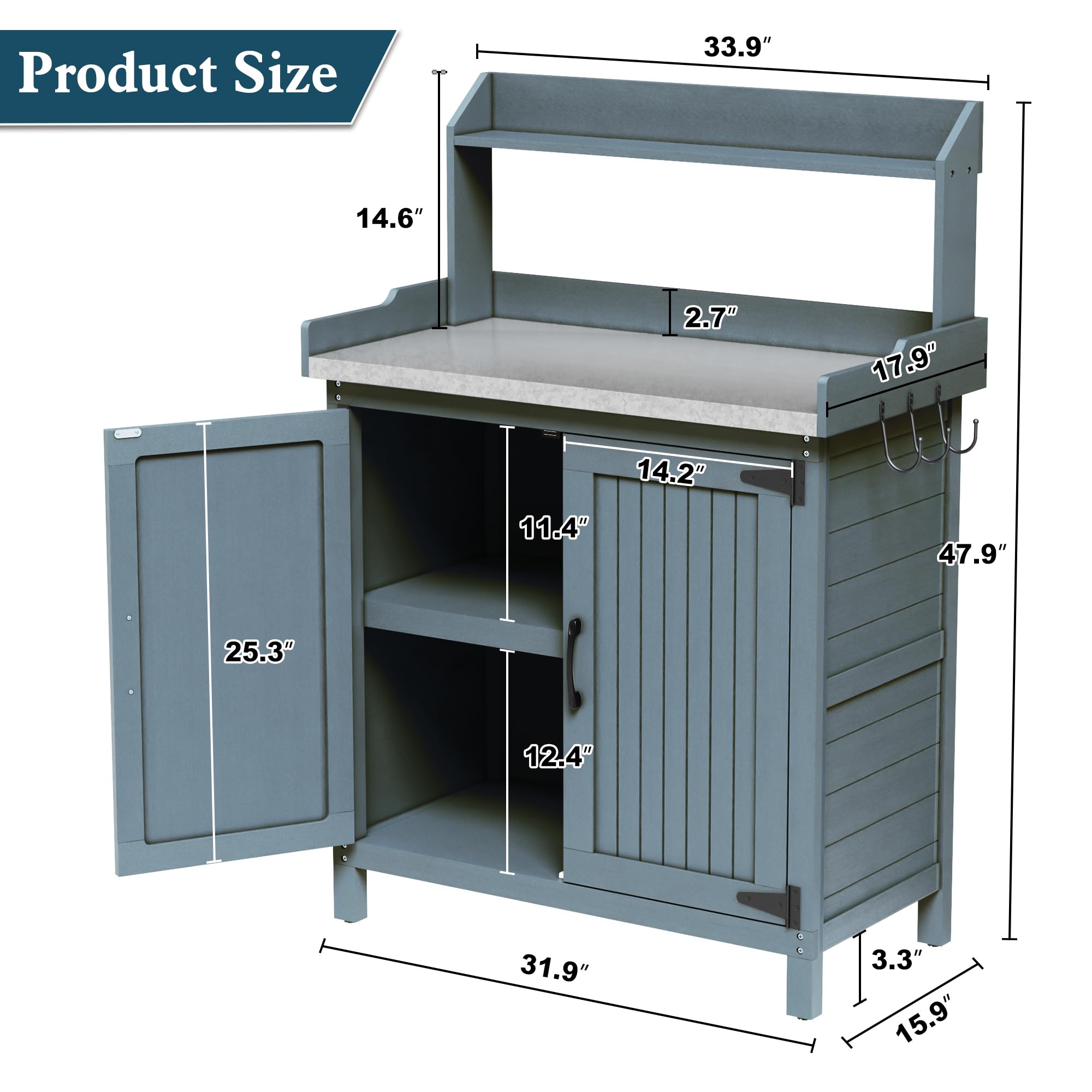 Wooden Gardening Table with Storage - Metal Top Potting Bench for Patio, Greenhouse & Outdoor Use