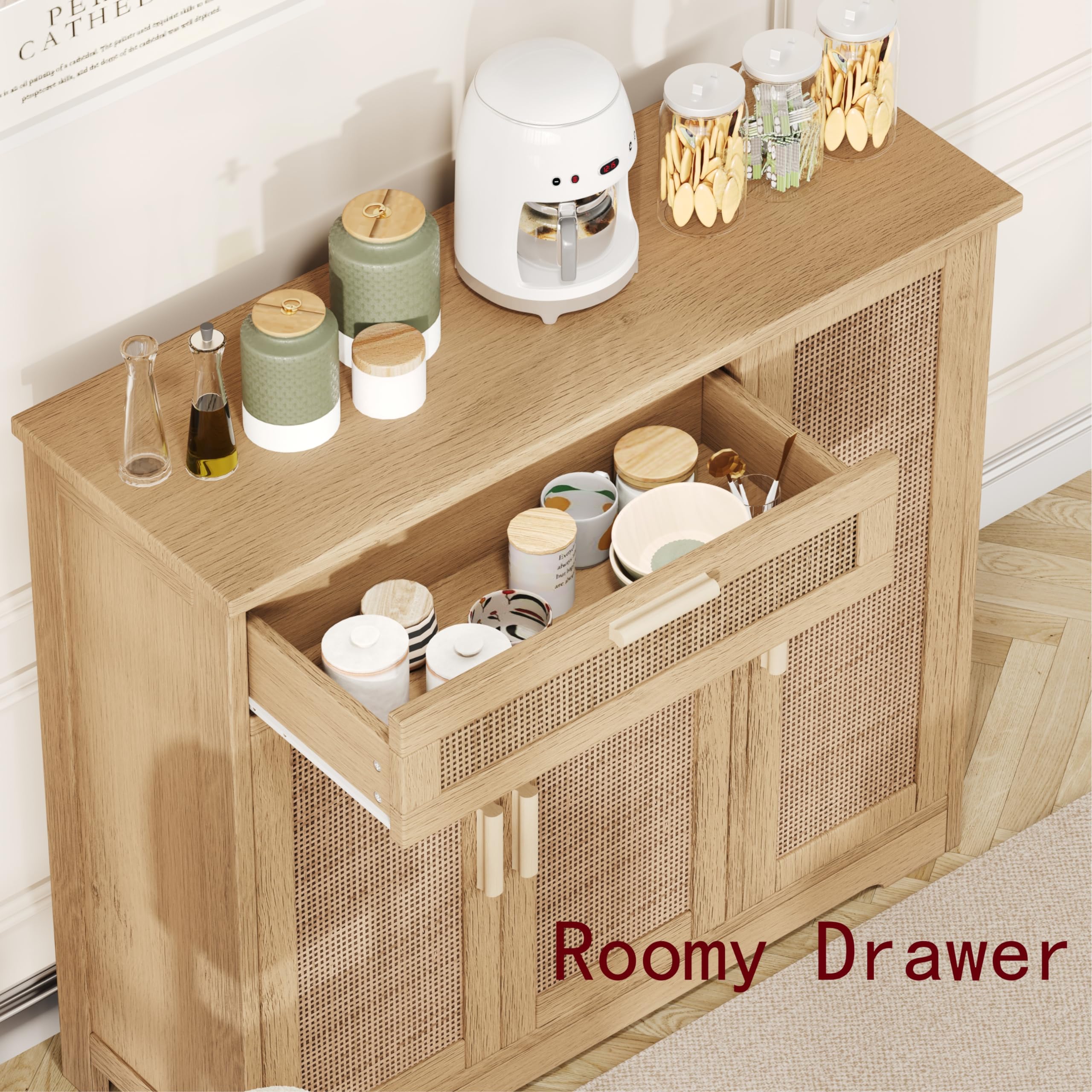 Rattan Sideboard Buffet Cabinet with 3 Doors & Drawers - Adjustable Shelf Floor Storage Cabinet for Kitchen, Living Room, Hallway - Natural Wood TV Stand, Dining Room Furniture, Home Decor (KES001MCWG)