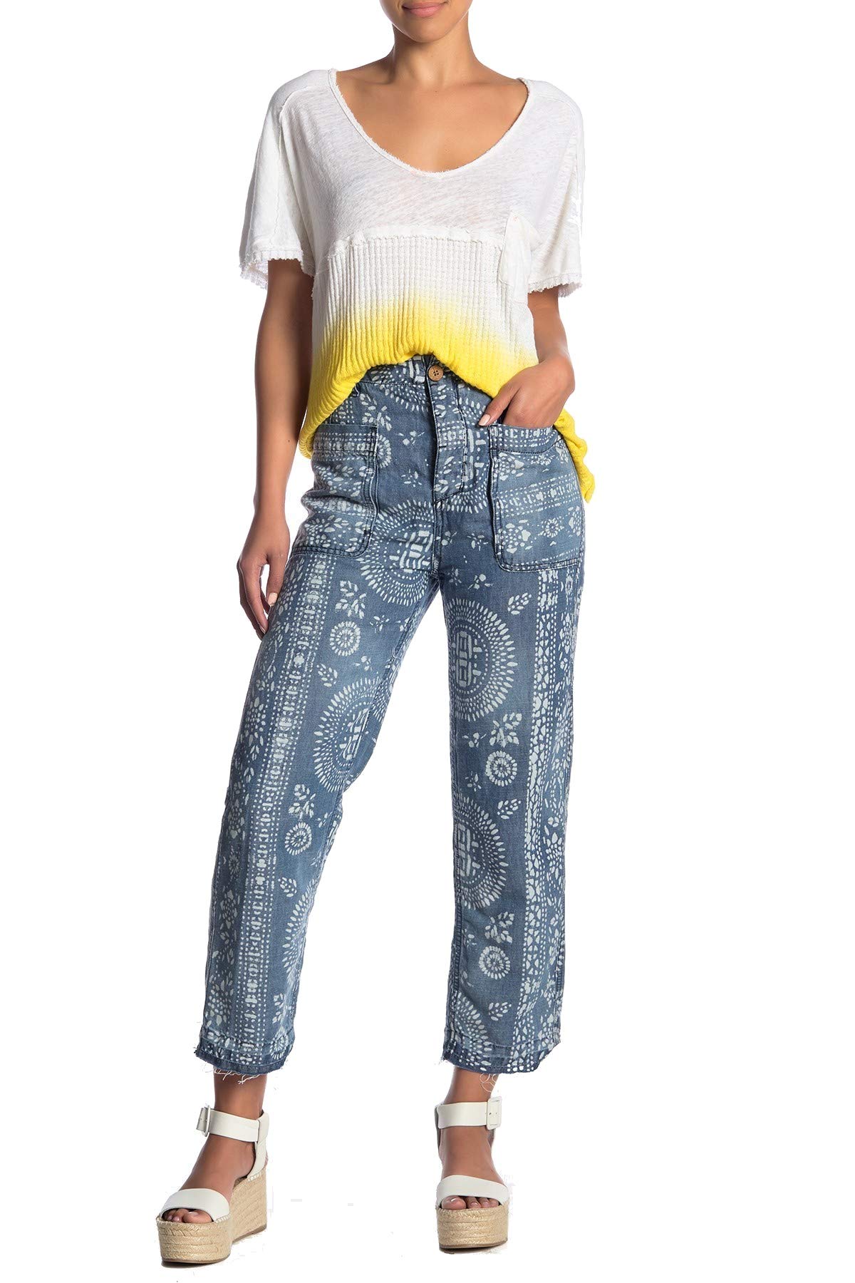 Free People Island Vibes Discharge Trousers - Women's Boho Chic Beach Pants in Island Blue, Size 25 | Perfect for Vacation, Summer Outfits & Casual Wear