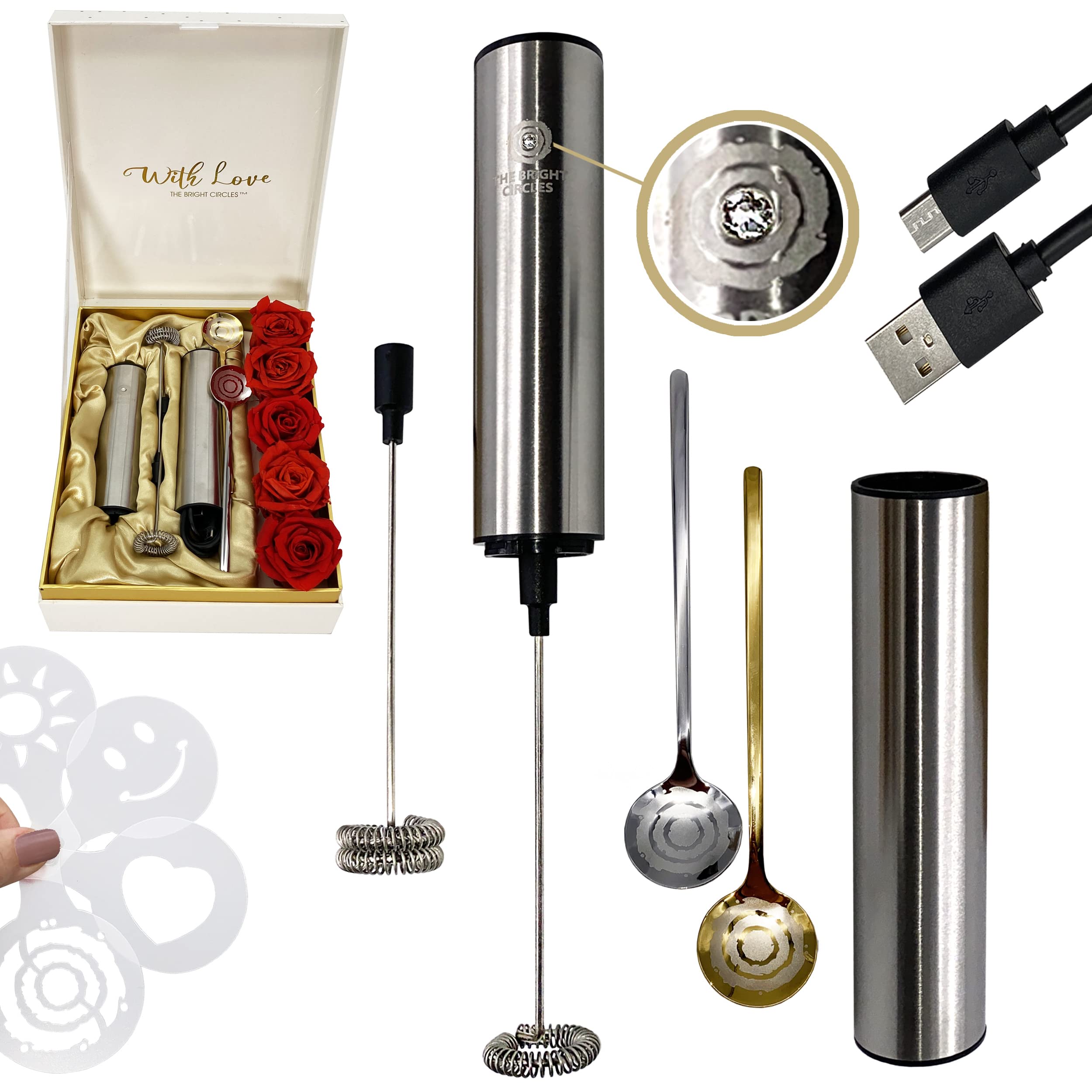 Premium Rechargeable Milk Frother with Swarovski Crystals - 3mm Clear Crystal Design in White Gift Box with Gold 
