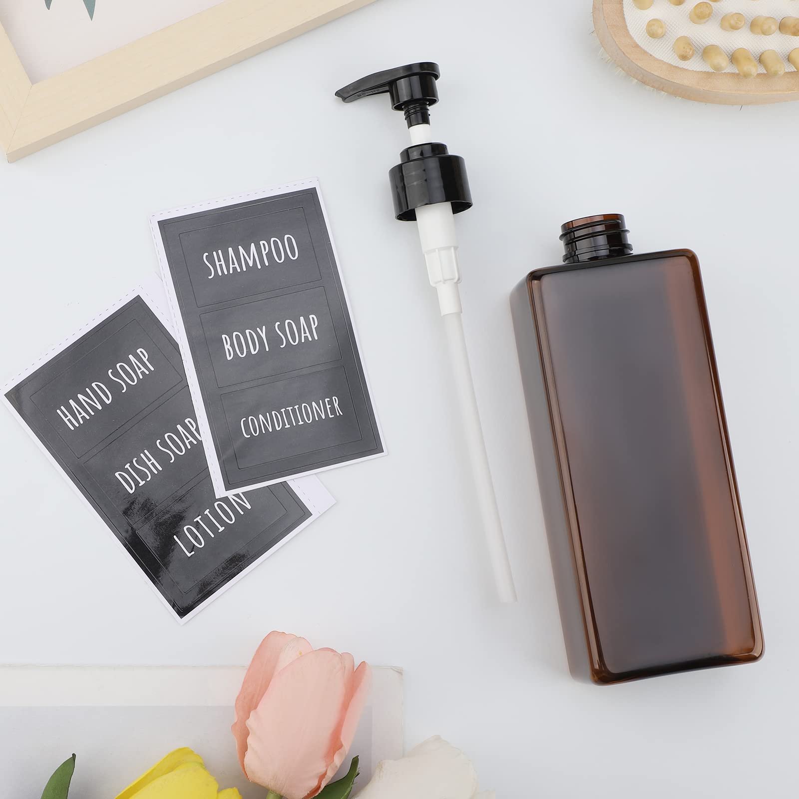 Segbeauty 4-Pack 16.9oz (500ml) Empty Refillable Shampoo & Conditioner Bottles with Pump Dispenser - Plastic Reusable Soap Dispenser for Shower, Hand Wash, Lotion & Dish Soap - Includes Labels - Amber Color for Bathroom & Kitchen Organization