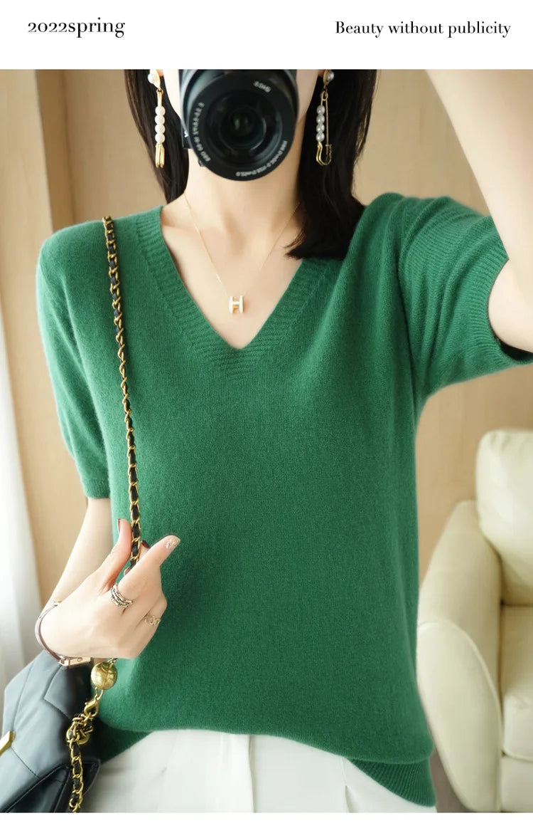Solid Color V-Neck Half-Sleeve Cashmere Sweater for Women - Soft Thin Knit Casual Top for Office Wear & Fall Layering