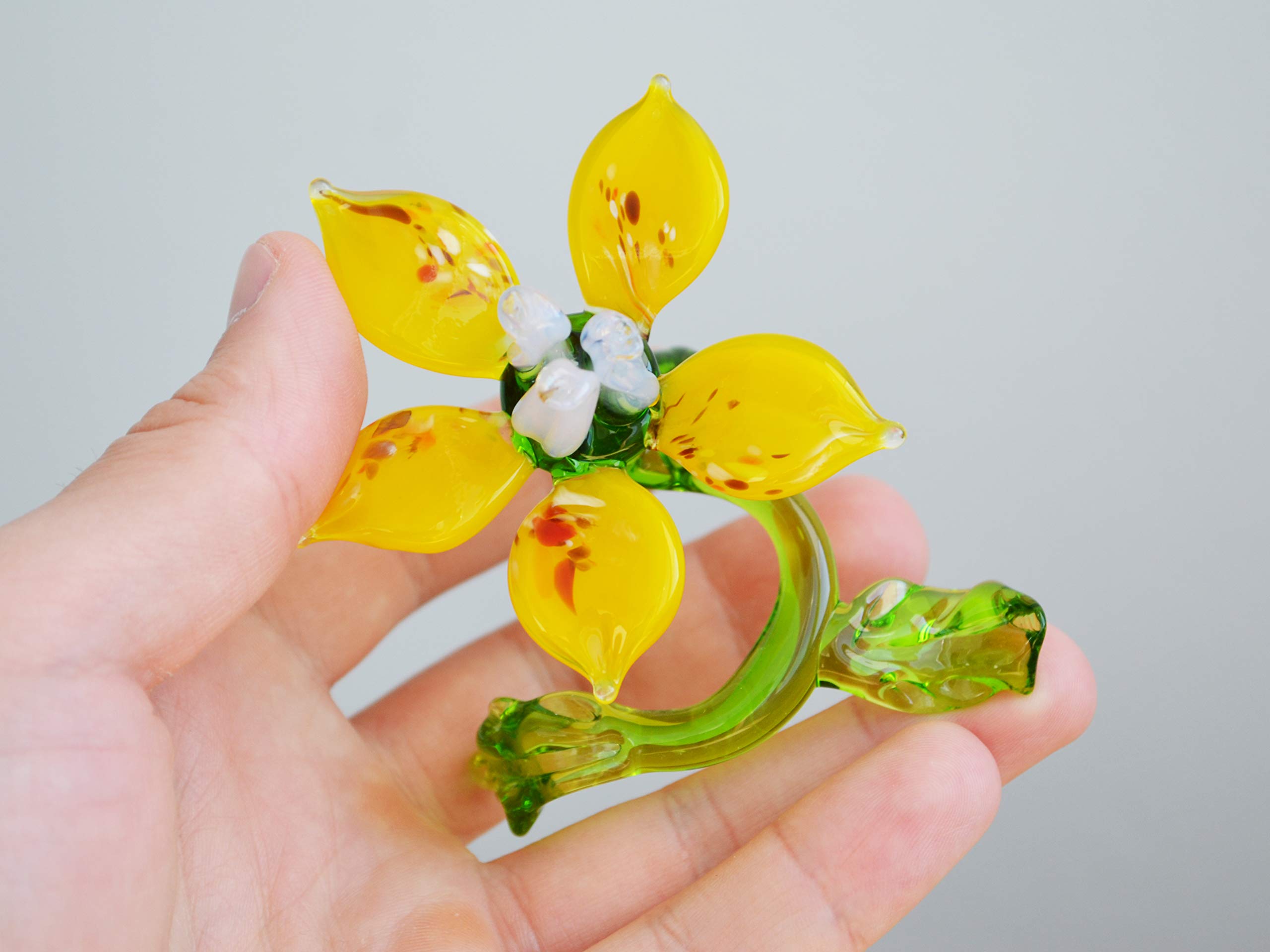 Handmade Yellow Glass Blown Flower Sculpture - Unique Art Glass Figurine for Home Decor, Garden Ornament, Wedding Gift & Party Favors | Perfect for Centerpieces, Shelf Displays & Special Occasions