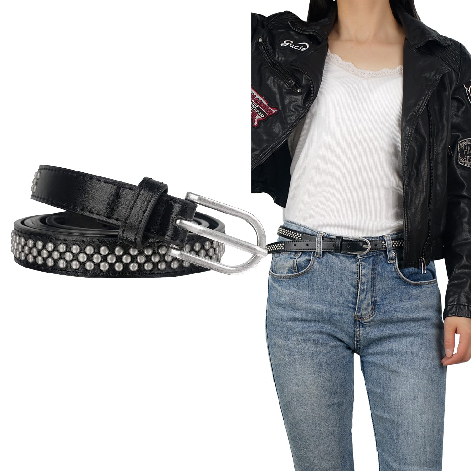 FIORETTO Studded Belts for Women - Punk Rock PU Leather Belt in Black for Jeans, Pants & Dresses | Perfect for Casual Outfits, Rock Concerts & Gothic Fashion