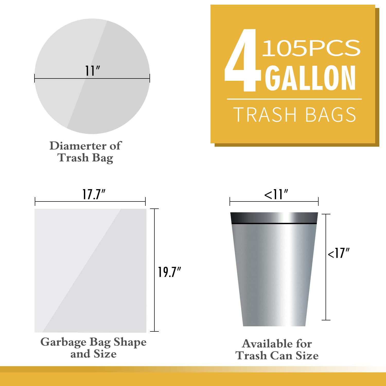 105 Count Small Trash Bags, 4 Gallon/15L Unscented Wastebasket Liners - Perfect for Bathroom, Kitchen, Bedroom & Office Use - Durable Garbage Can Bags for Daily Household Cleaning & Disposal