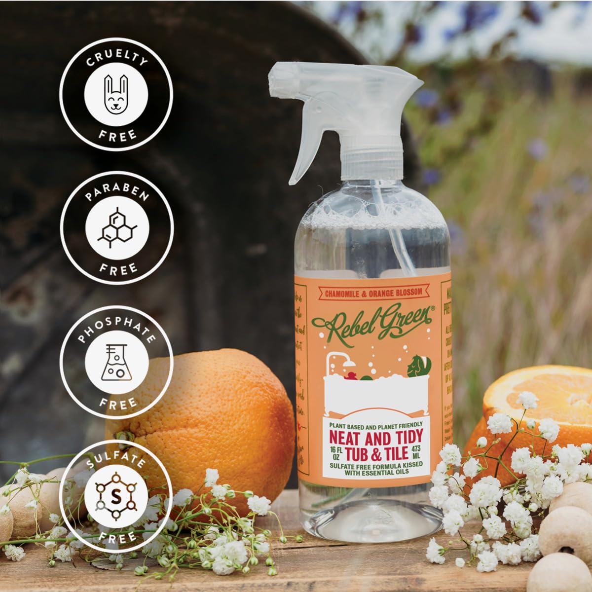 Rebel Green All-Natural Tub & Tile Cleaner Spray - Chamomile & Orange Blossom Scent, Non-Toxic Bathroom Cleaner for Shower, Bathtub & Sink (2-Pack, 16oz Each) | Perfect for Deep Cleaning & Refreshing Bathrooms Naturally